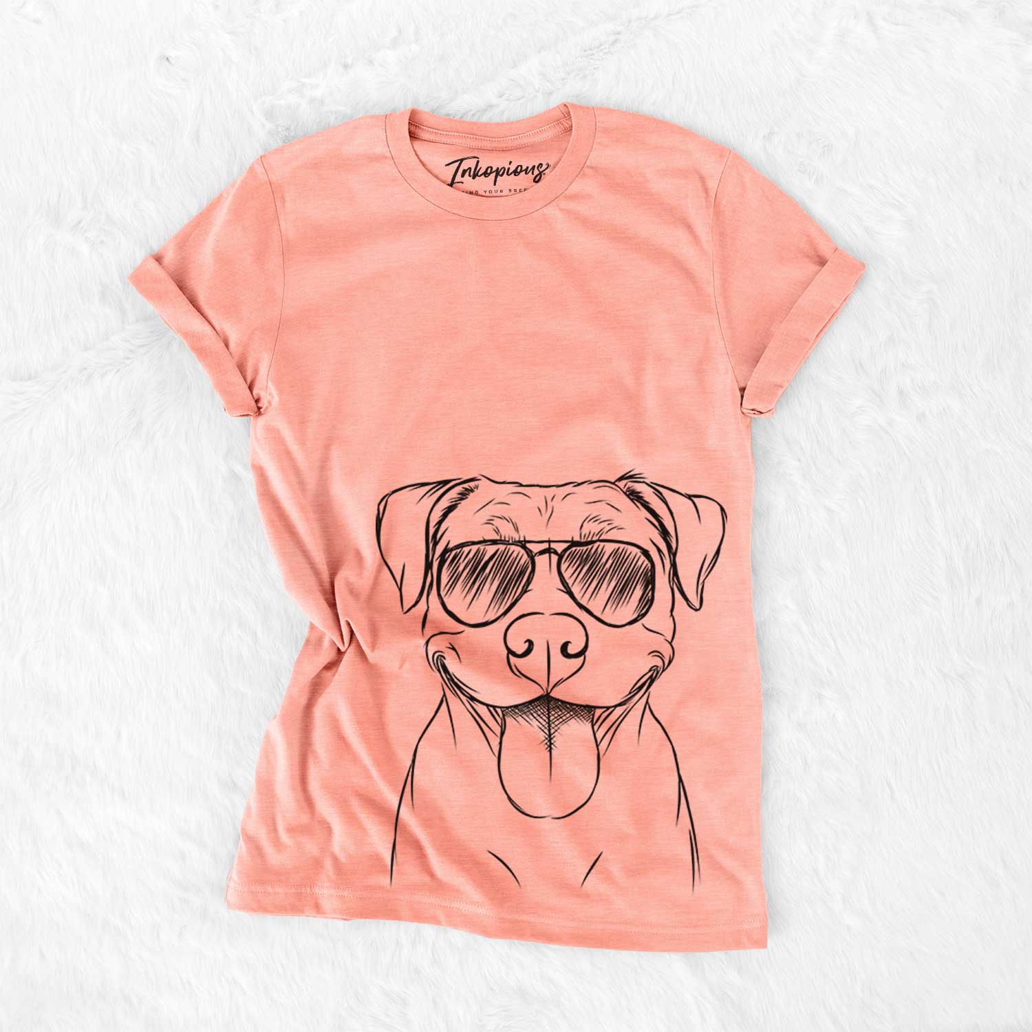 Hand-drawn sketch of Parker the Pitbull wearing aviator sunglasses on a Sunset Bella Canvas Unisex Crewneck