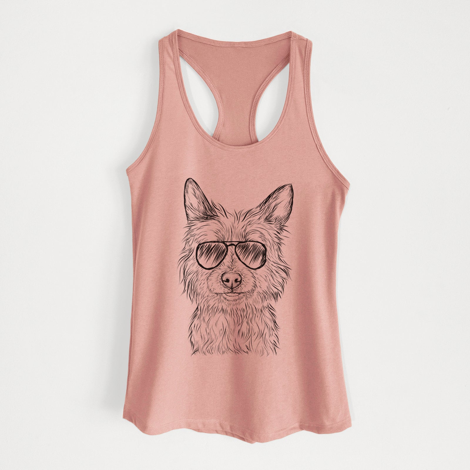 Hand-drawn sketch of Paulo the Portuguese Podengo wearing aviator sunglasses on a Desert Pink Women's racerback tanktop