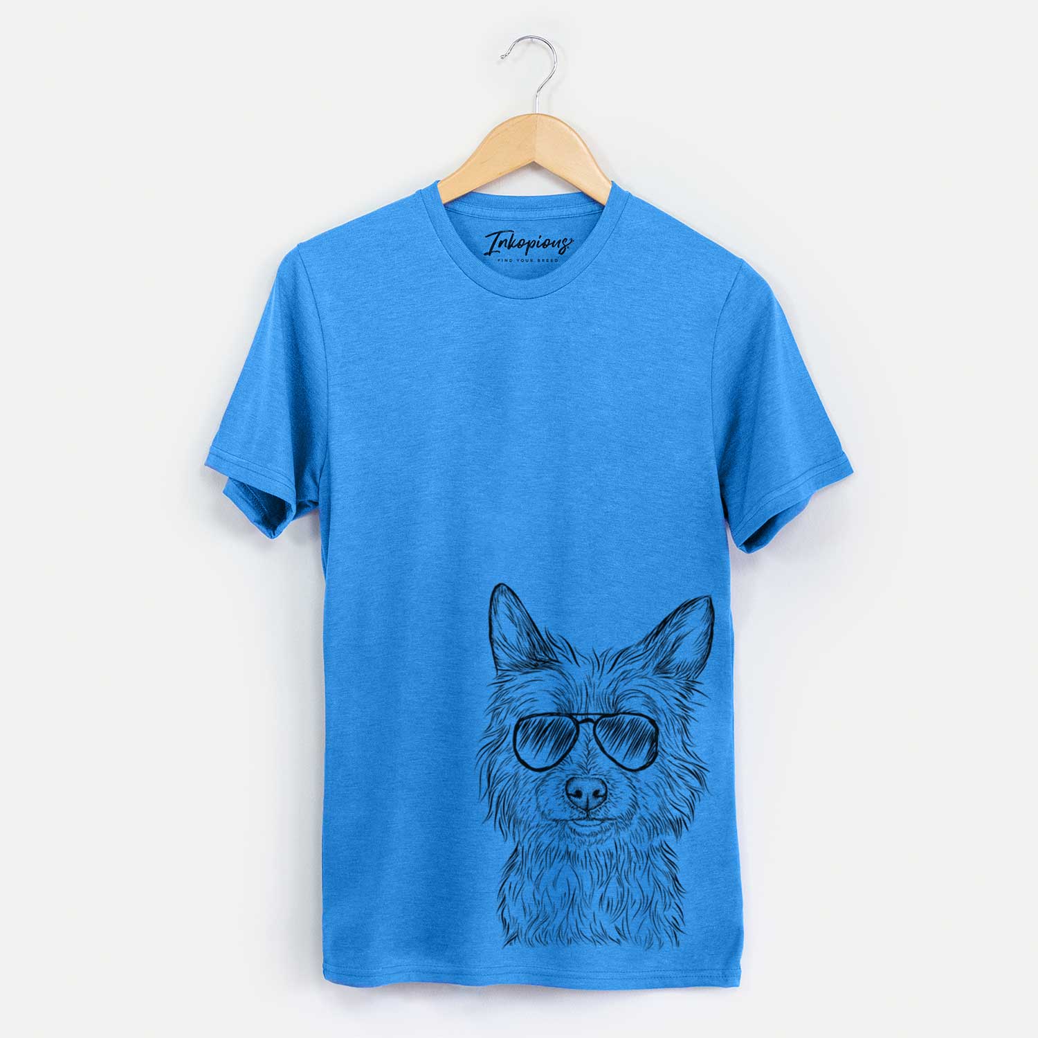 Hand-drawn sketch of Paulo the Portuguese Podengo wearing aviator sunglasses on a Blue Unisex crewneck