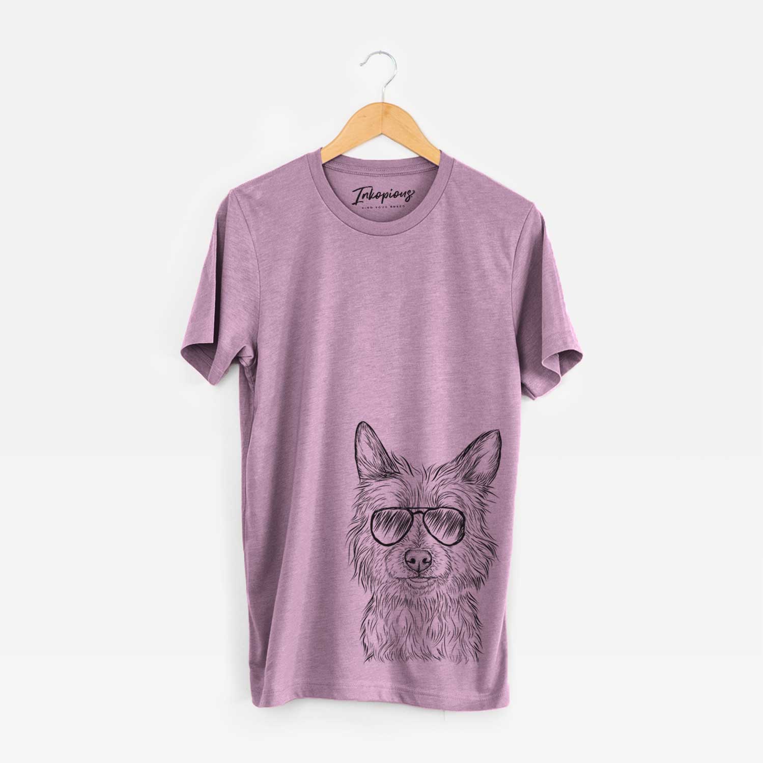 Hand-drawn sketch of Paulo the Portuguese Podengo wearing aviator sunglasses on an Orchid Unisex crewneck
