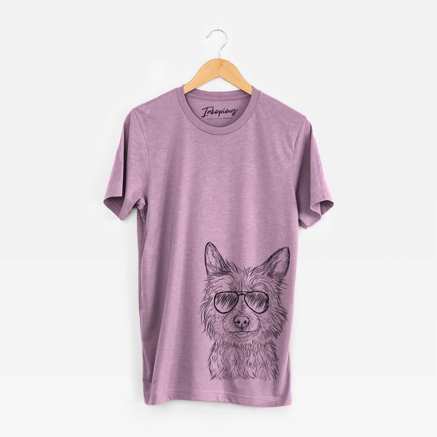 Hand-drawn sketch of Paulo the Portuguese Podengo wearing aviator sunglasses on an Orchid Bella Canvas Unisex Crewneck