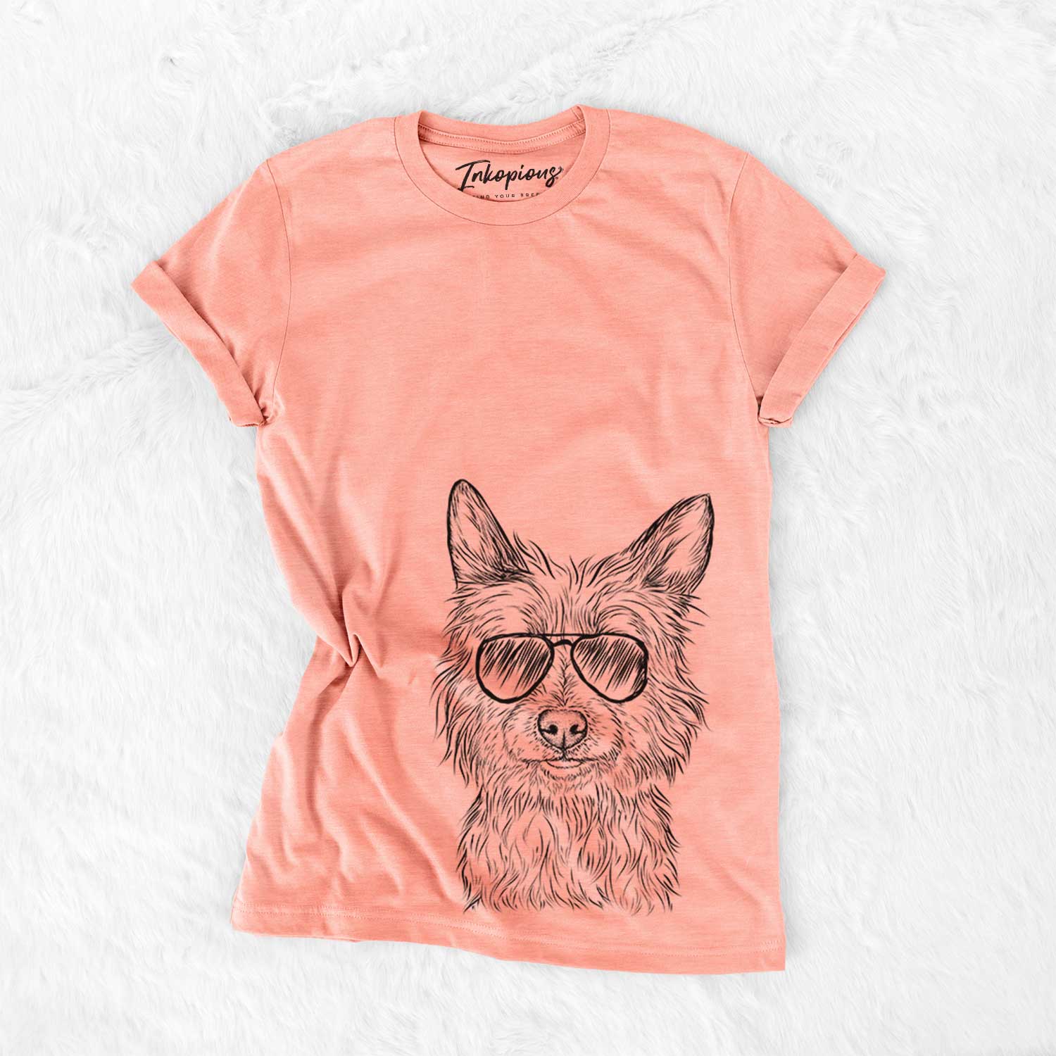 Hand-drawn sketch of Paulo the Portuguese Podengo wearing aviator sunglasses on a Sunset Bella Canvas Unisex Crewneck