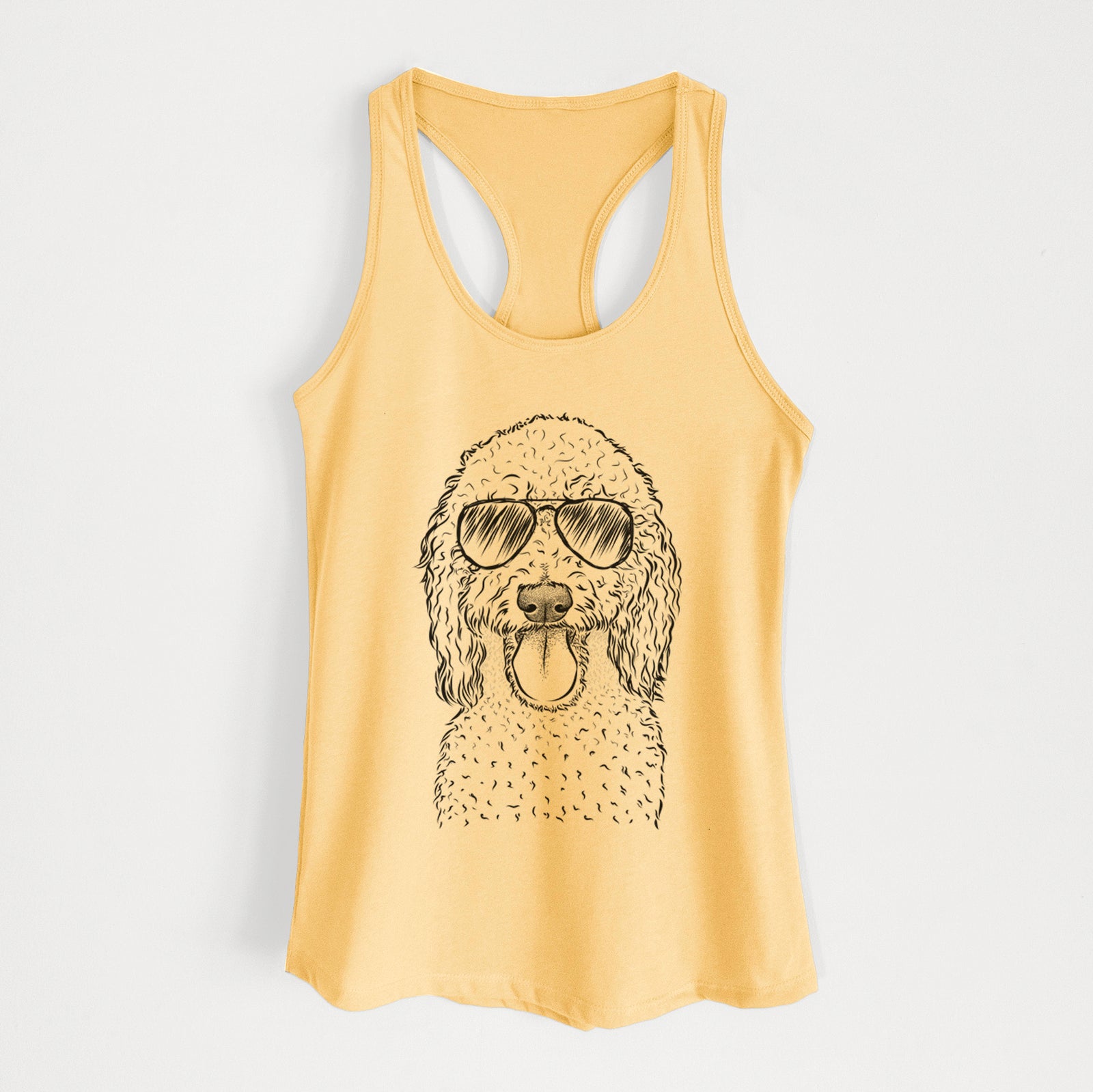 Hand-drawn sketch of Pavlov the Goldendoodle wearing aviator sunglasses on a Banana Cream Women's racerback tanktop