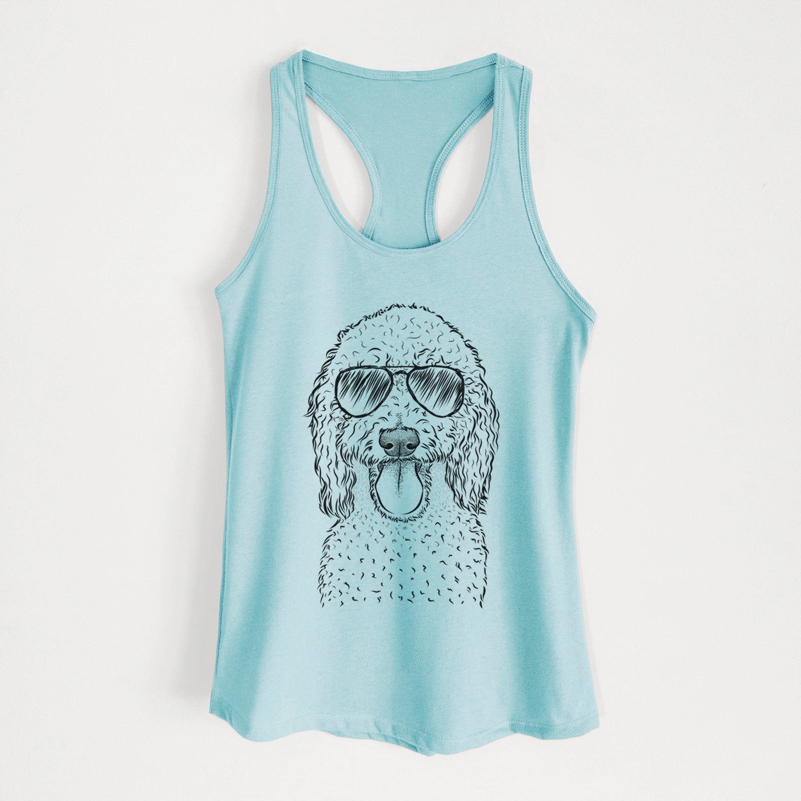 Hand-drawn sketch of Pavlov the Goldendoodle wearing aviator sunglasses on a Cancun Blue Women's racerback tanktop