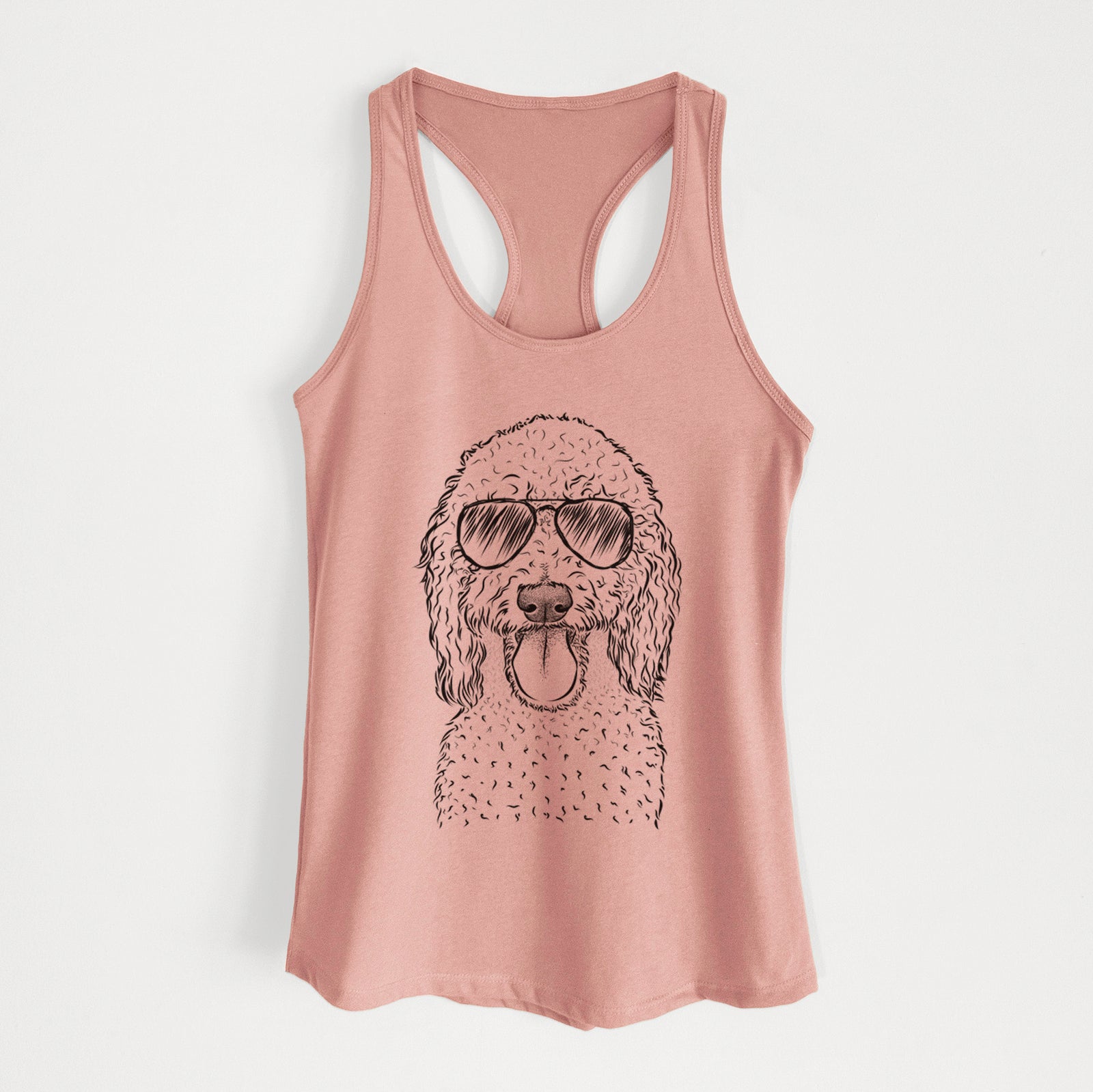 Hand-drawn sketch of Pavlov the Goldendoodle wearing aviator sunglasses on a Desert Pink Women's racerback tanktop