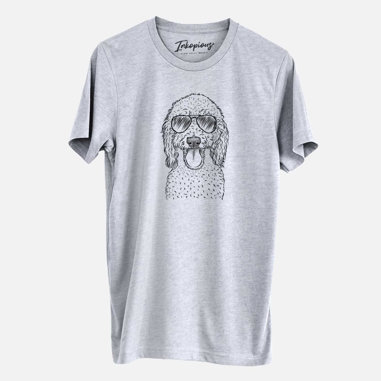 Hand-drawn sketch of Pavlov the Goldendoodle wearing aviator sunglasses on a Grey Unisex crewneck