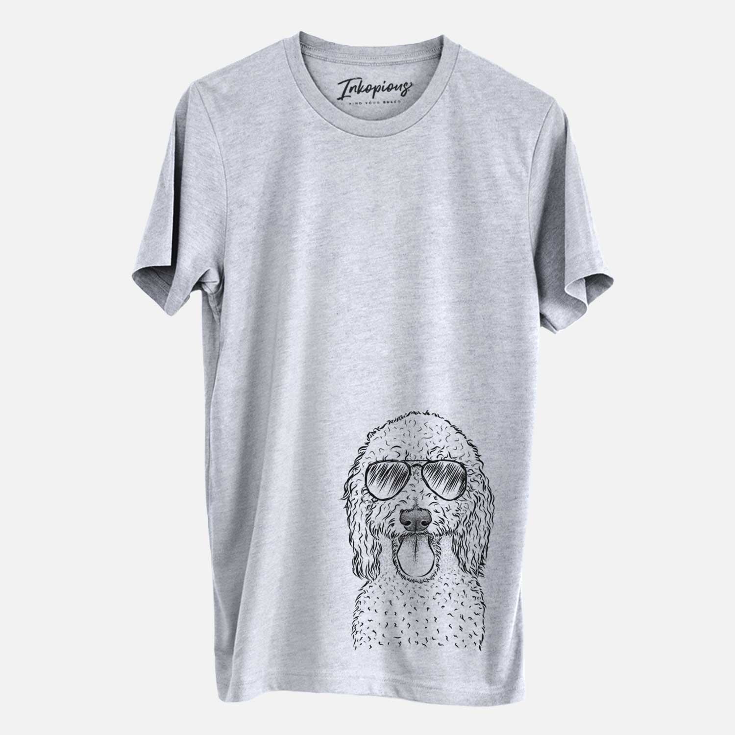 Hand-drawn sketch of Pavlov the Goldendoodle wearing aviator sunglasses on a Grey Unisex crewneck