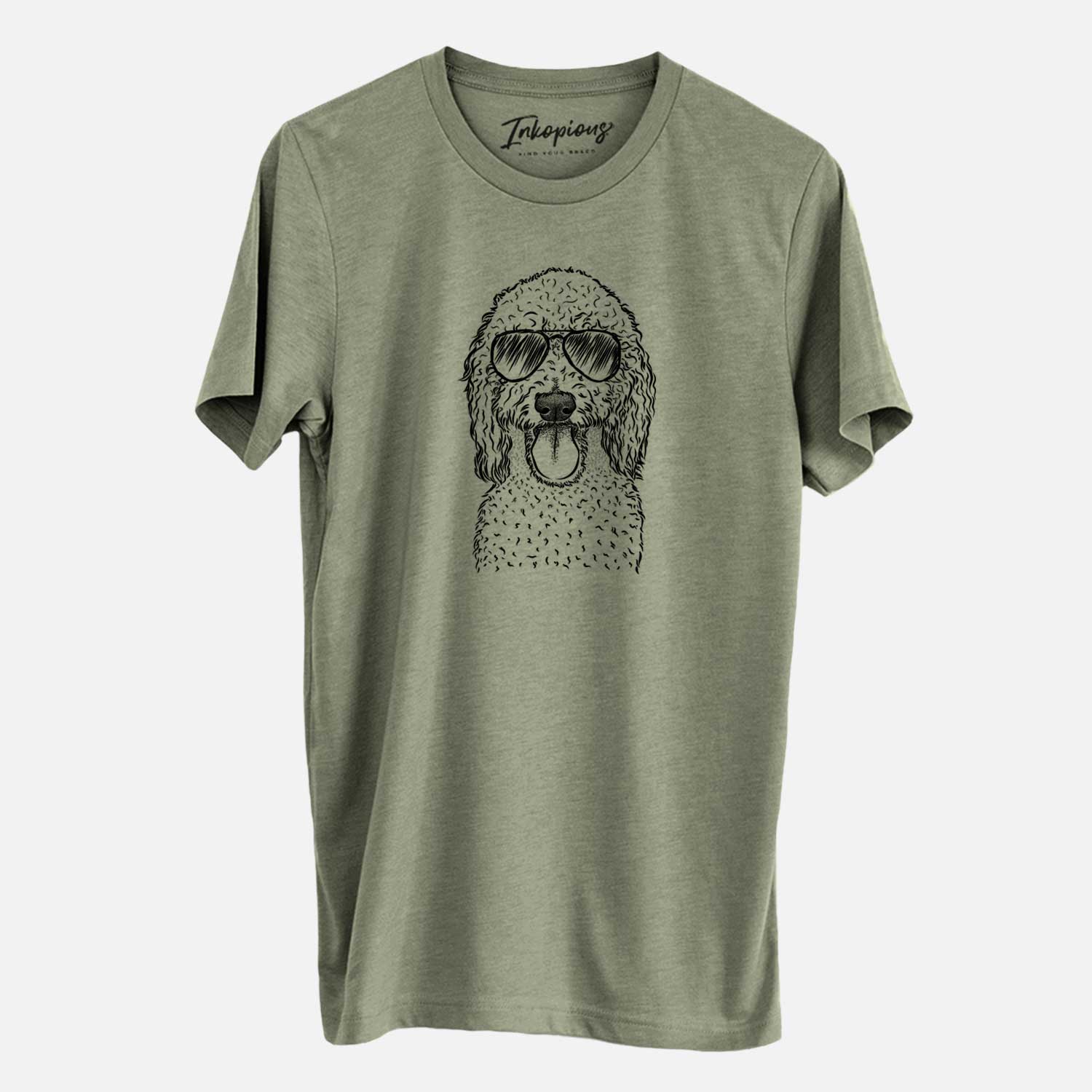 Hand-drawn sketch of Pavlov the Goldendoodle wearing aviator sunglasses on an Olive Unisex crewneck
