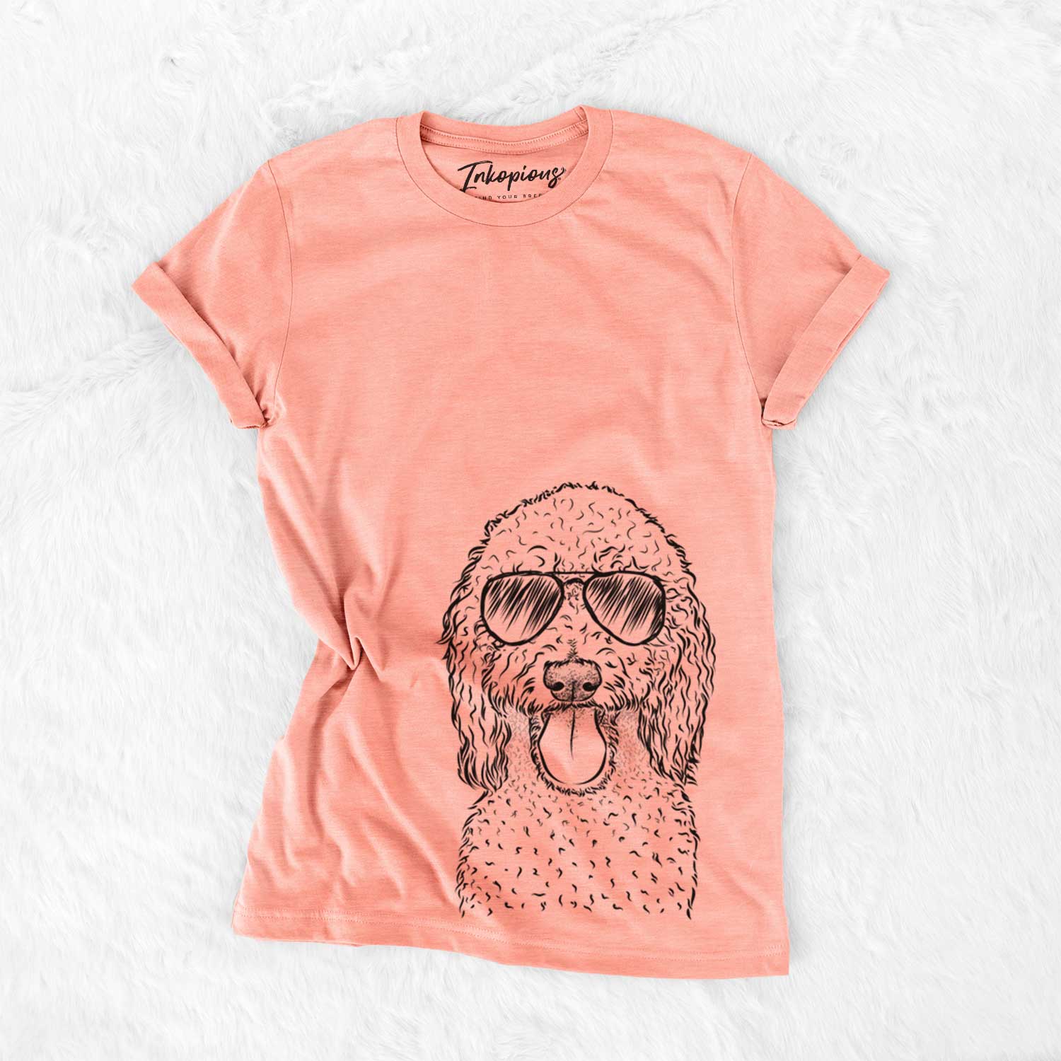 Hand-drawn sketch of Pavlov the Goldendoodle wearing aviator sunglasses on a Sunset Bella Canvas Unisex Crewneck