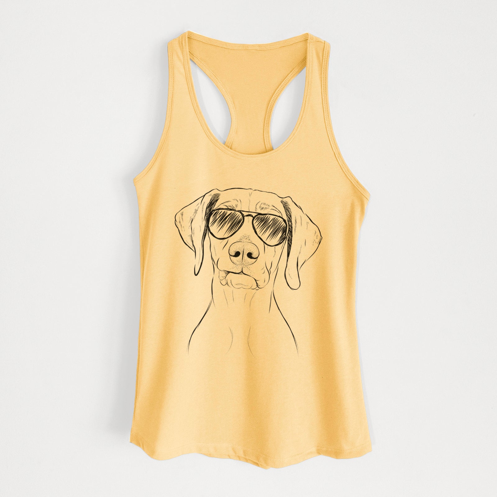 Hand-drawn sketch of Pawley the Vizsla wearing aviator sunglasses on a Banana Cream Women's racerback tanktop
