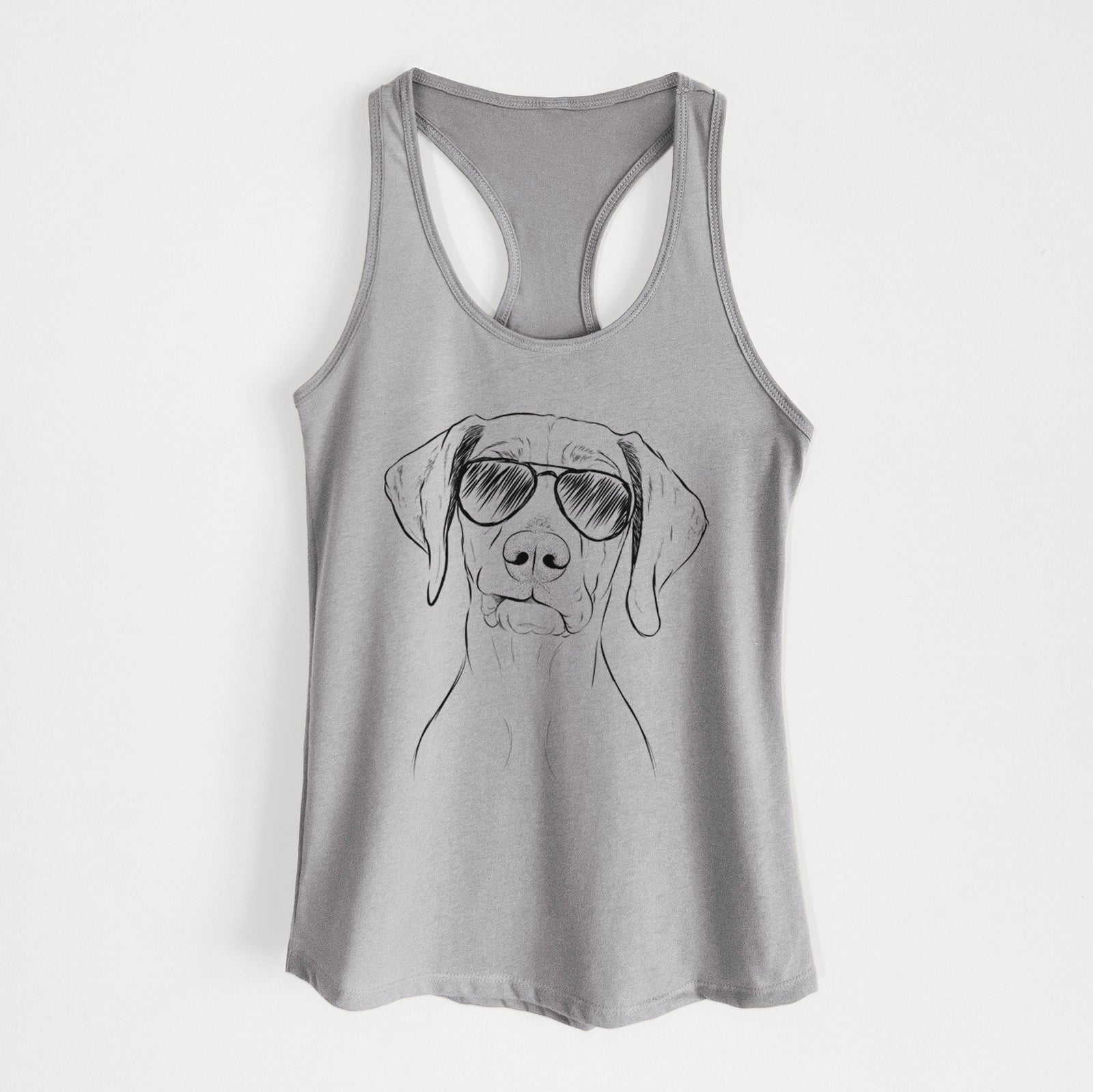 Hand-drawn sketch of Pawley the Vizsla wearing aviator sunglasses on a Heather Grey Women's racerback tanktop