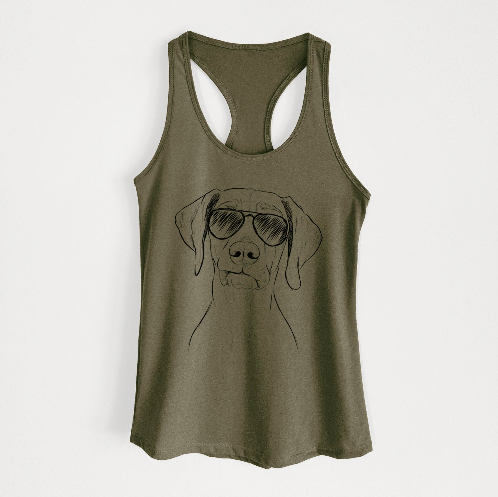 Hand-drawn sketch of Pawley the Vizsla wearing aviator sunglasses on a Military Green Women's racerback tanktop
