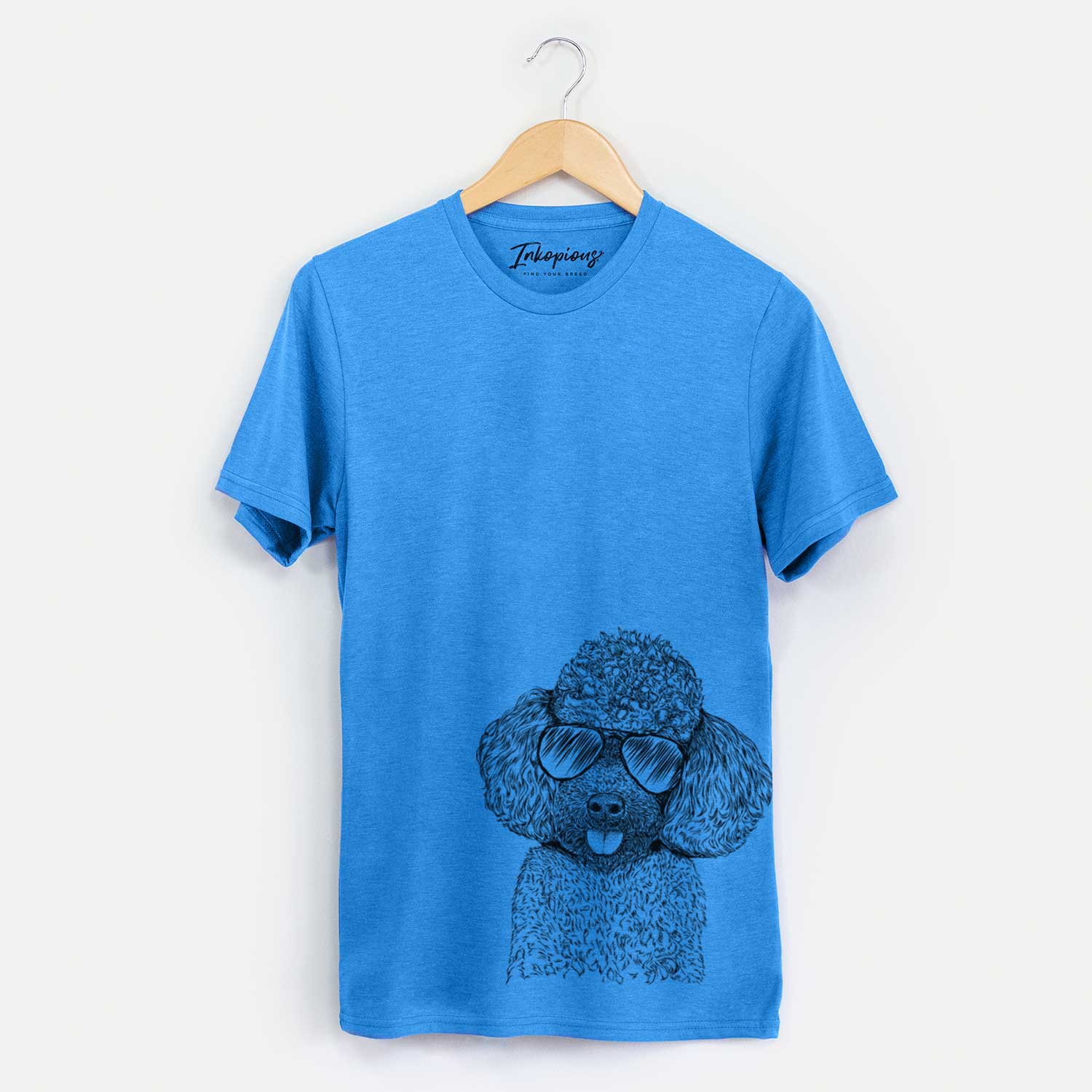 Hand-drawn sketch of George the Toy Poodle wearing aviator sunglasses on a Blue Unisex crewneck