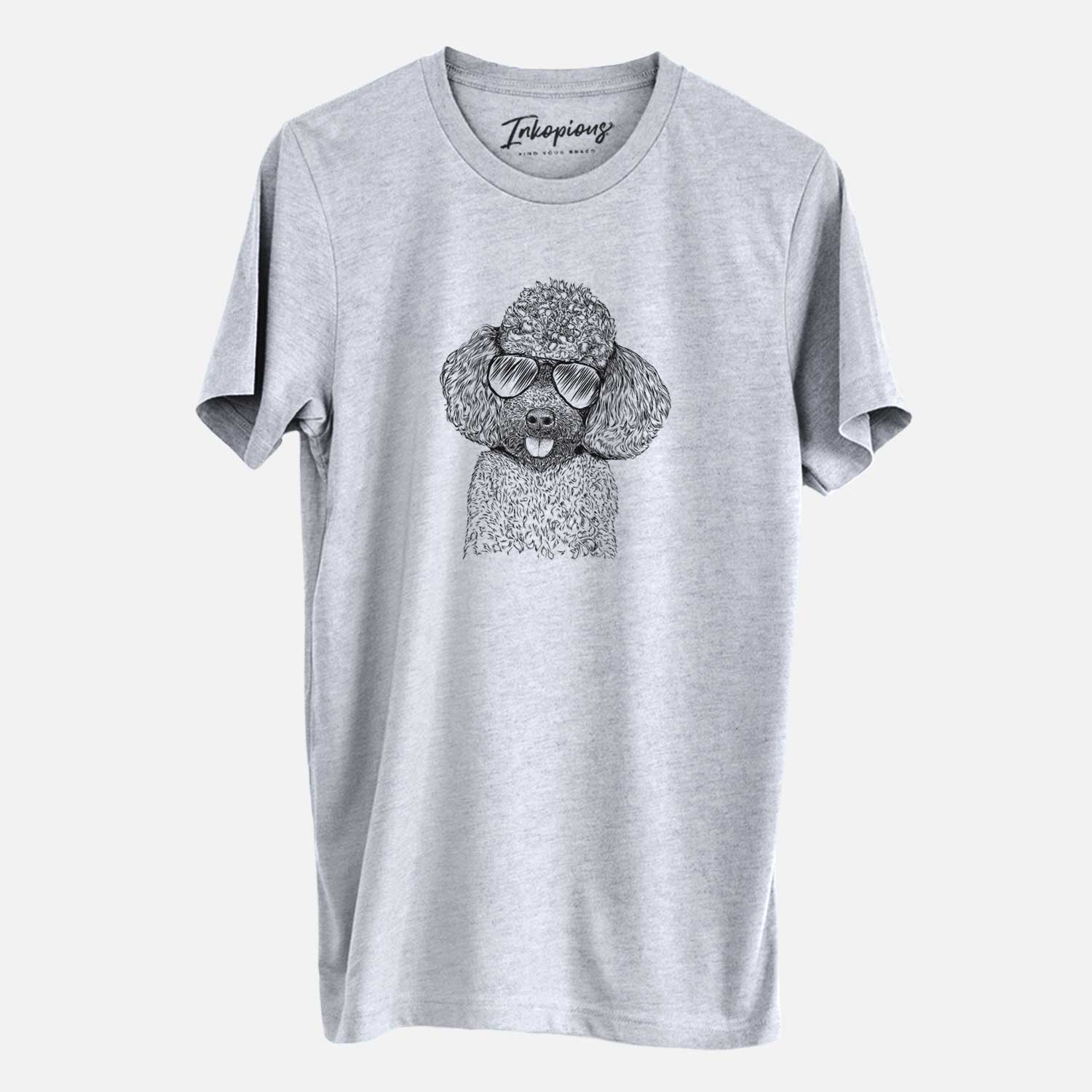 Hand-drawn sketch of George the Toy Poodle wearing aviator sunglasses on a Grey Unisex crewneck