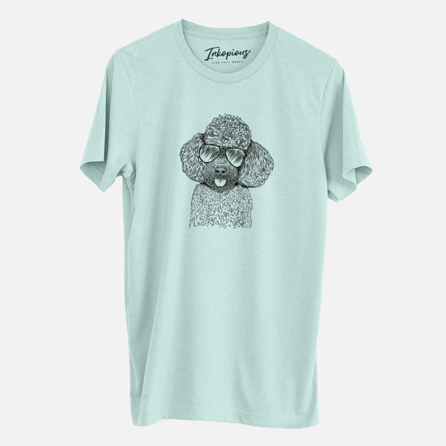 Hand-drawn sketch of George the Toy Poodle wearing aviator sunglasses on a Heather Sage Unisex crewneck