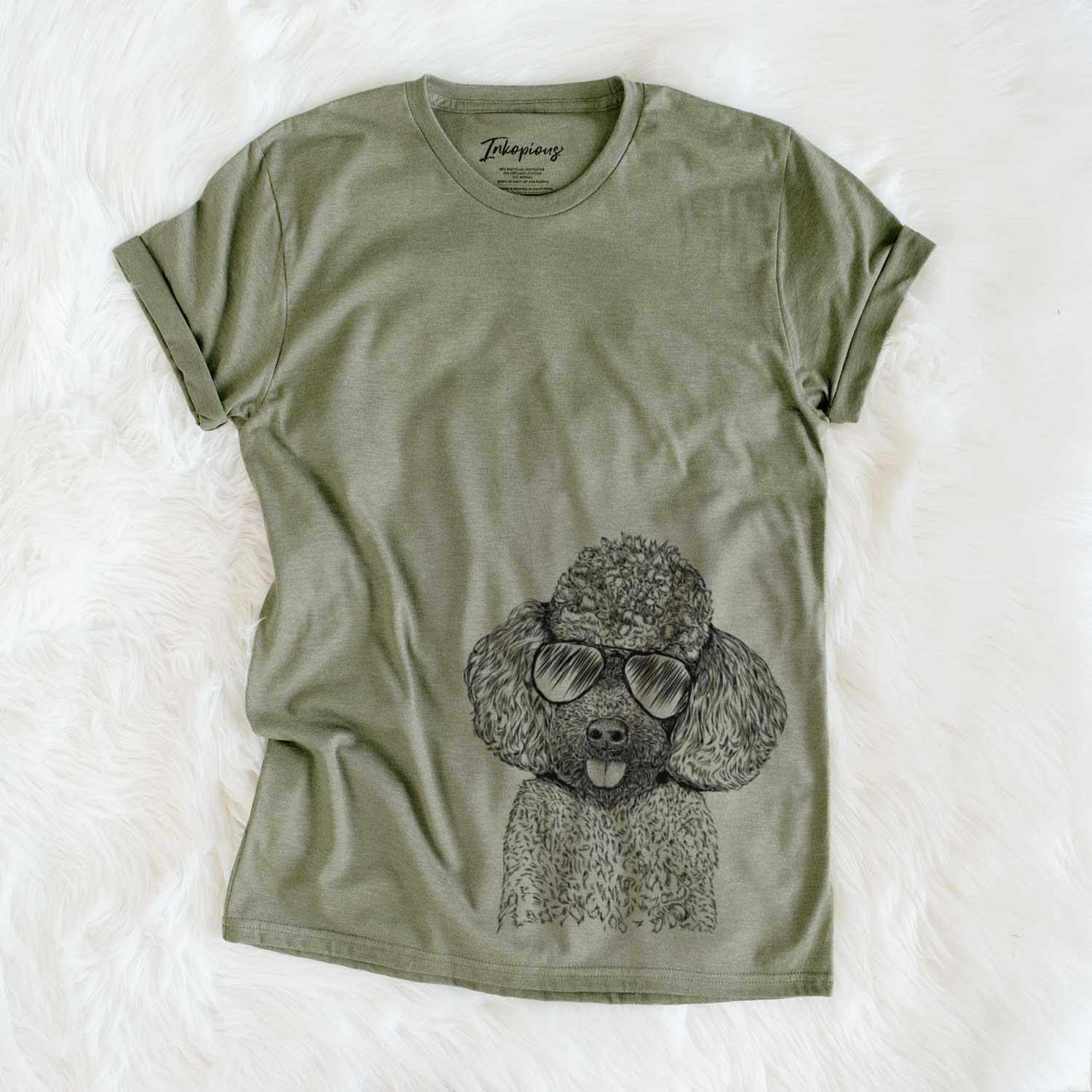 Hand-drawn sketch of George the Toy Poodle wearing aviator sunglasses on an Olive Unisex crewneck