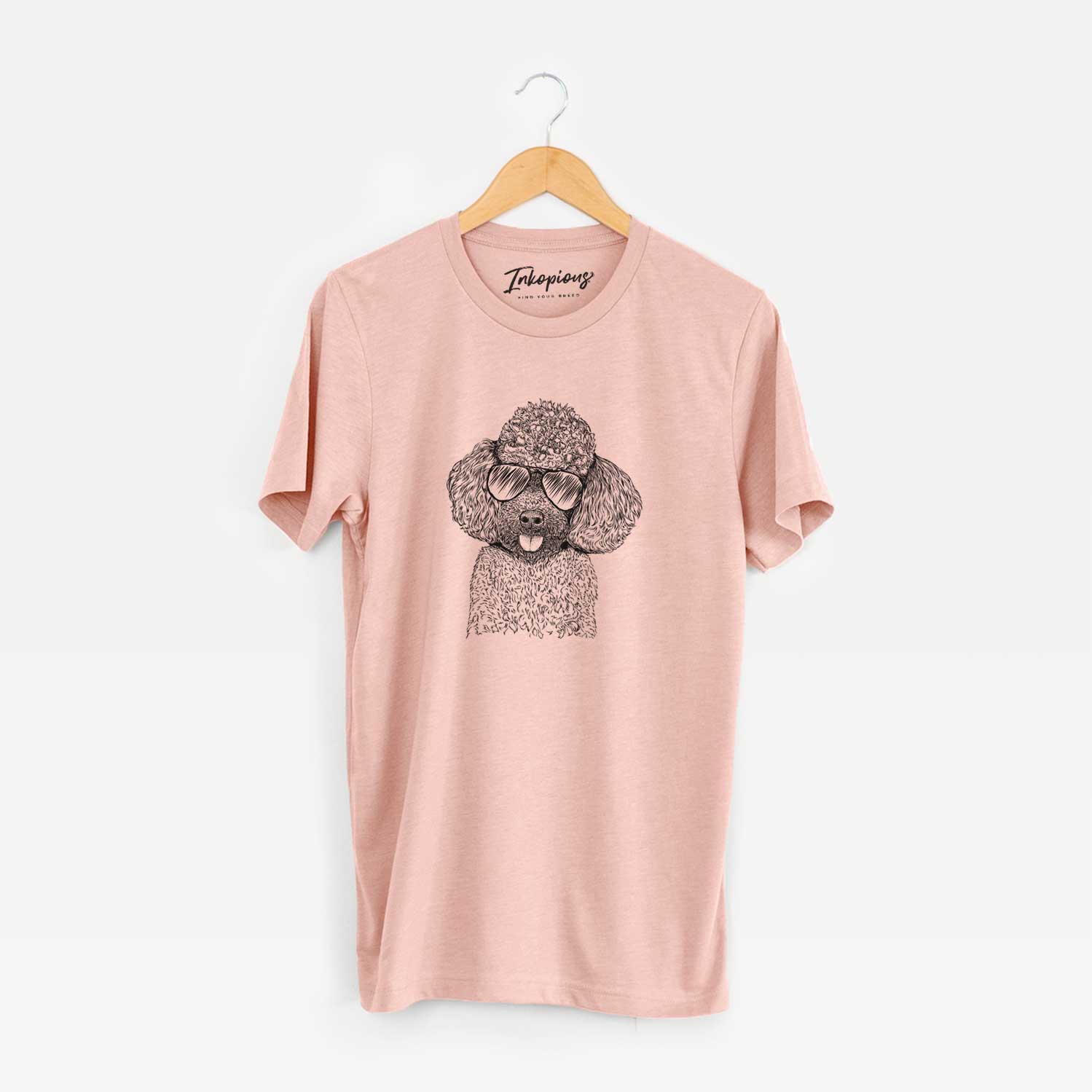 Hand-drawn sketch of George the Toy Poodle wearing aviator sunglasses on a Peach Unisex crewneck