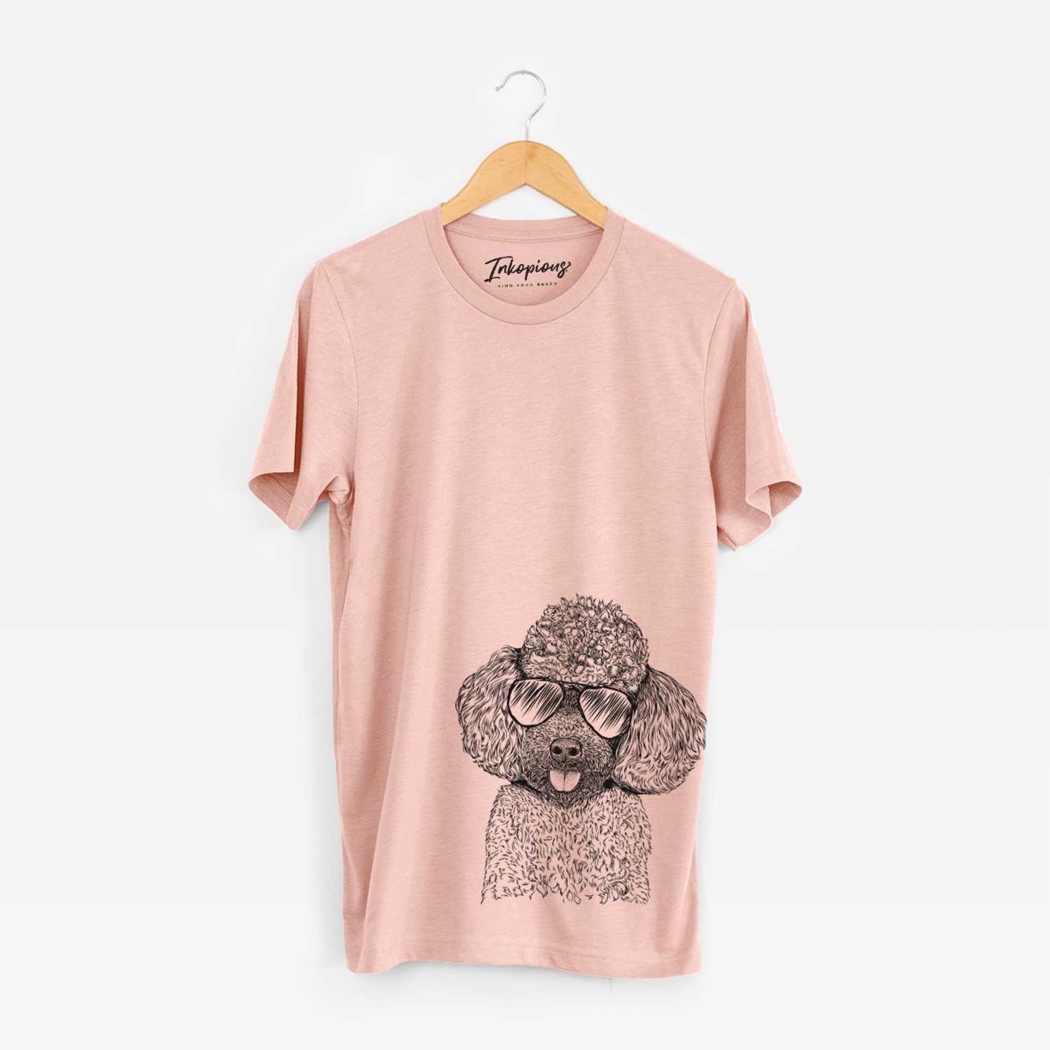 Hand-drawn sketch of George the Toy Poodle wearing aviator sunglasses on a Peach Unisex crewneck