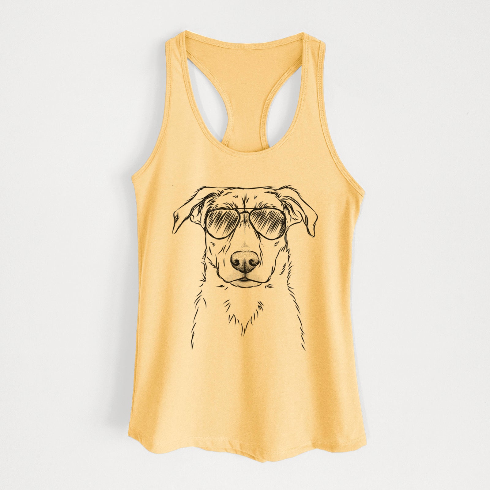 Hand-drawn sketch of Peanut the Lab Mix wearing aviator sunglasses on a Banana Cream Women's racerback tanktop