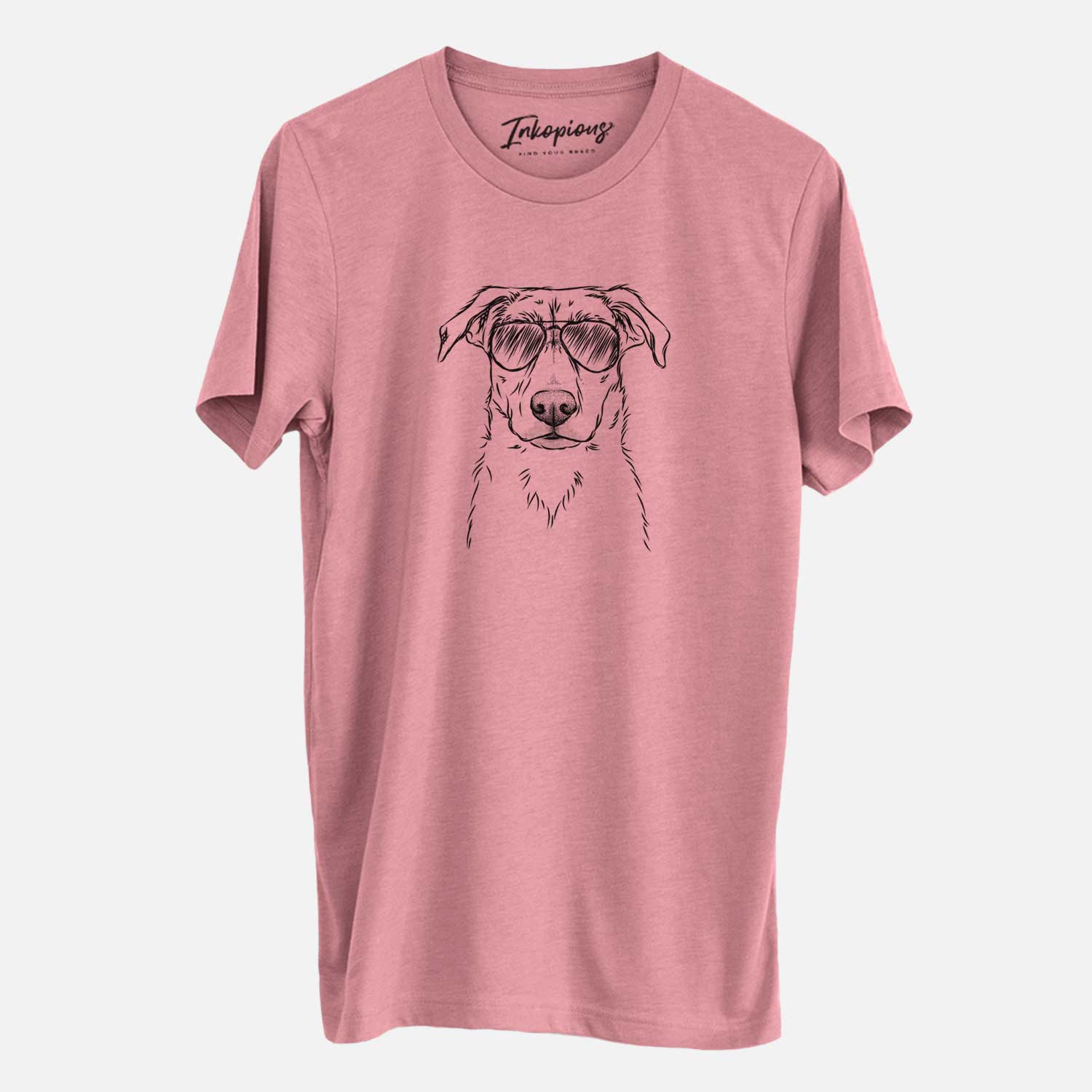 Hand-drawn sketch of Peanut the Lab Mix wearing aviator sunglasses on a Mauve Unisex crewneck