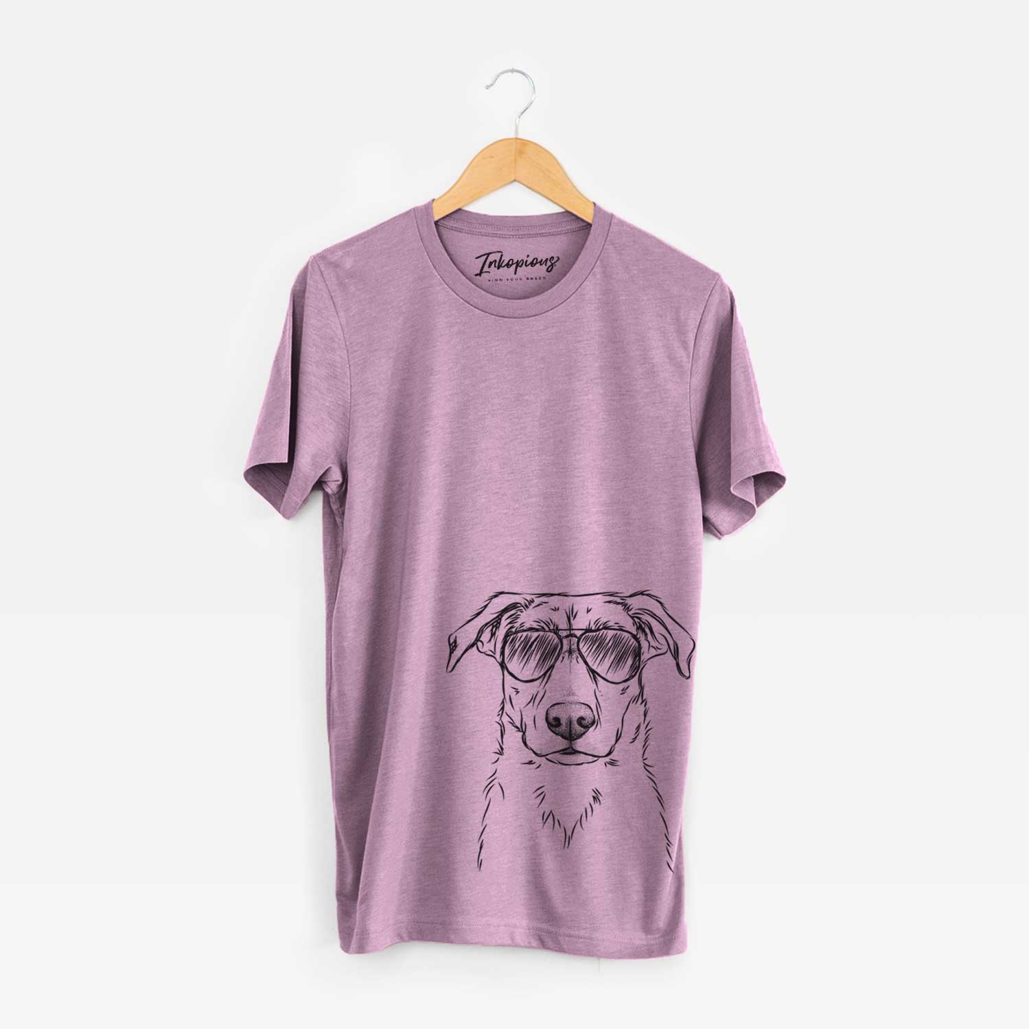 Hand-drawn sketch of Peanut the Lab Mix wearing aviator sunglasses on an Orchid Unisex crewneck