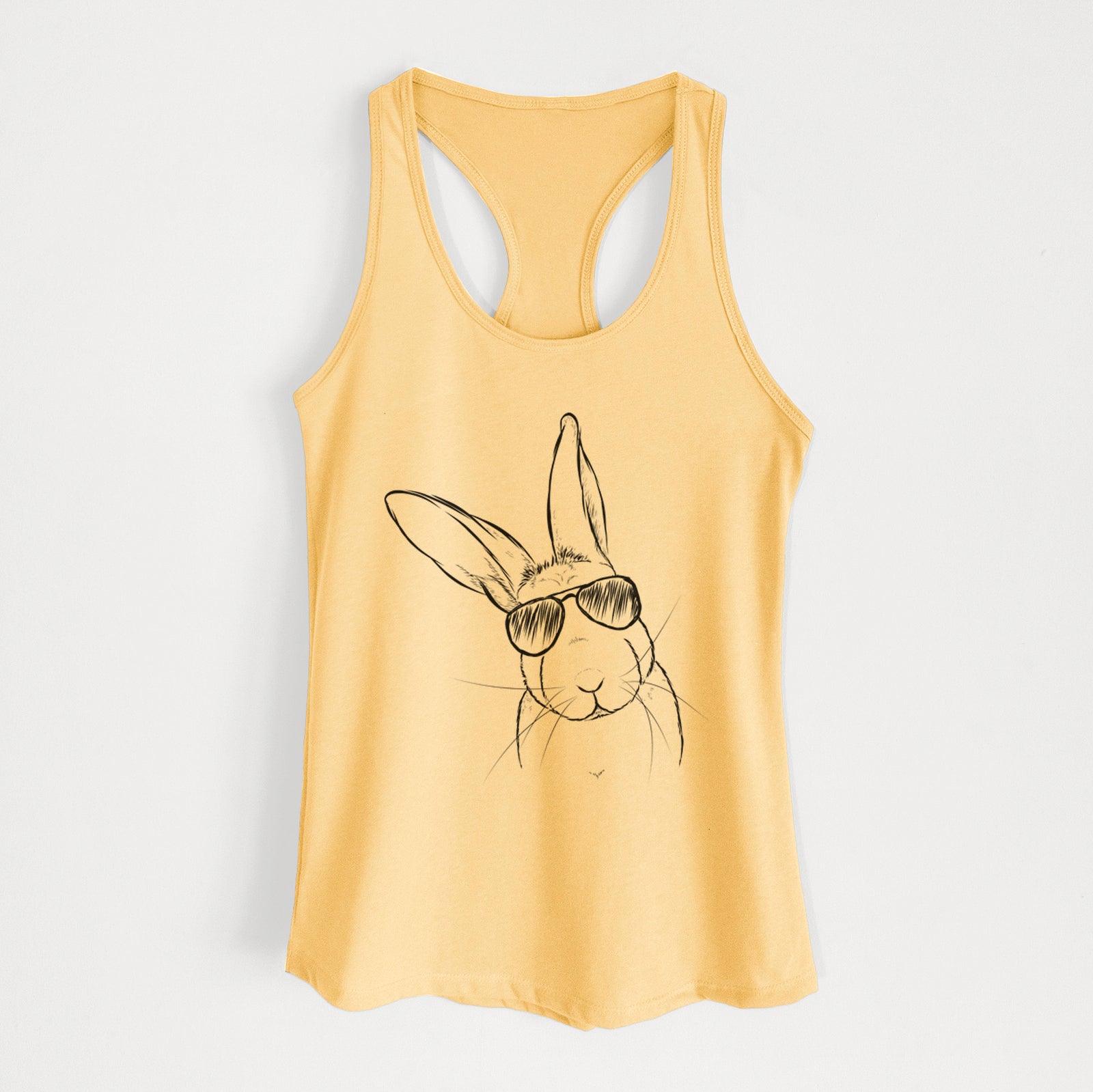 Hand-drawn sketch of Penny the Belgian Hare wearing aviator sunglasses on a Banana Cream Women's racerback tanktop