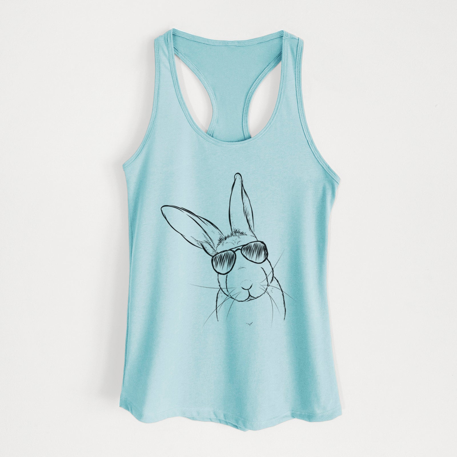 Hand-drawn sketch of Penny the Belgian Hare wearing aviator sunglasses on a Cancun Blue Women's racerback tanktop