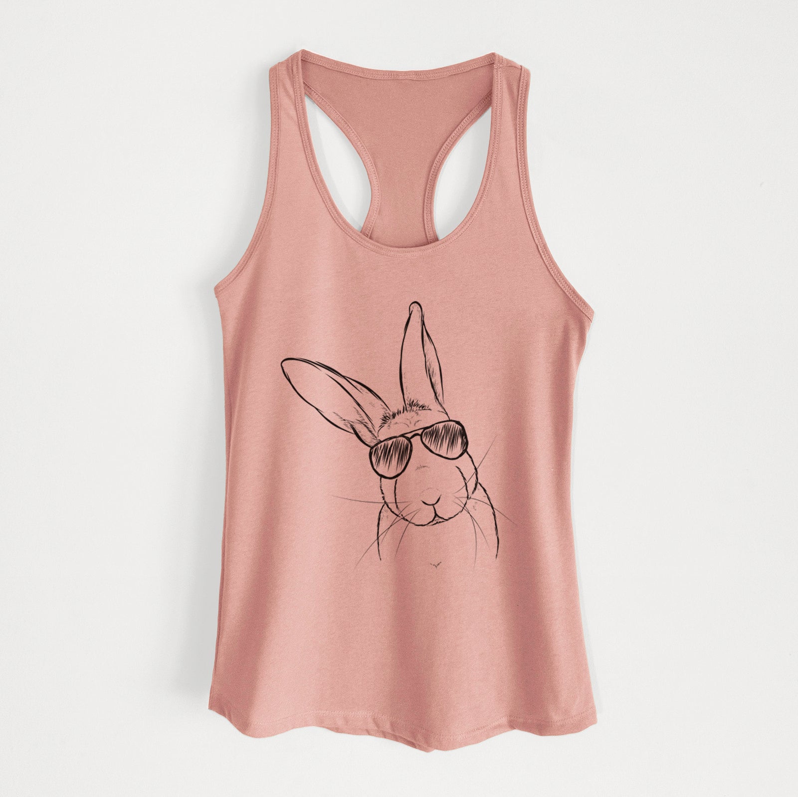 Hand-drawn sketch of Penny the Belgian Hare wearing aviator sunglasses on a Desert Pink Women's racerback tanktop