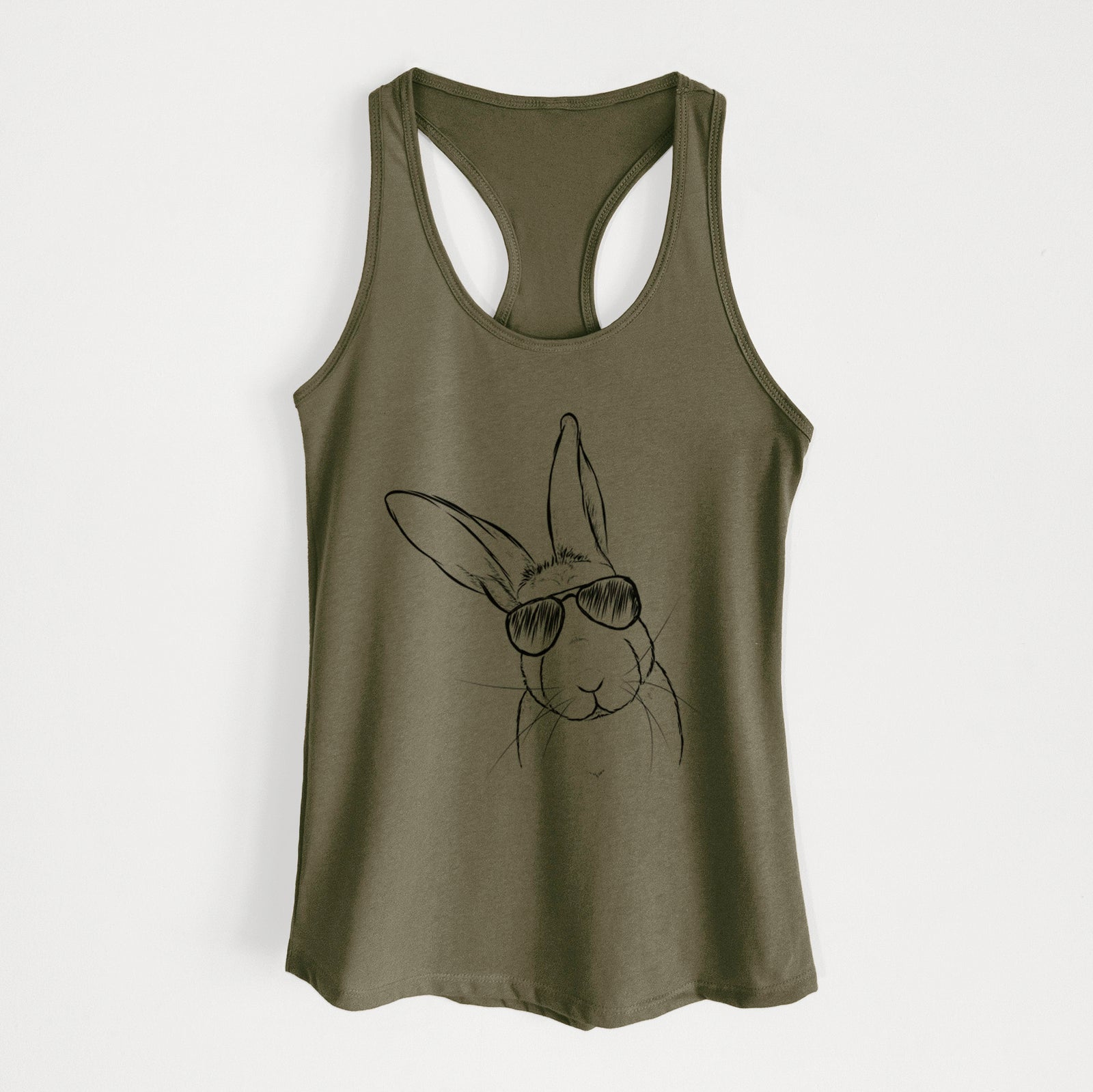 Hand-drawn sketch of Penny the Belgian Hare wearing aviator sunglasses on a Military Green Women's racerback tanktop