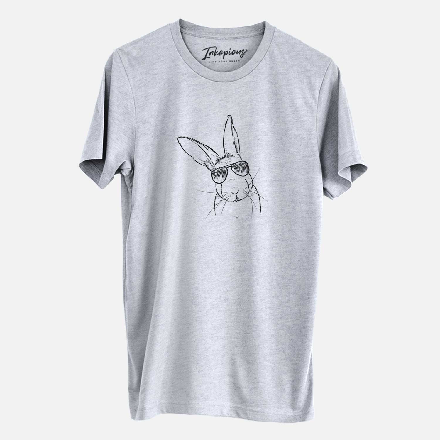 Hand-drawn sketch of Penny the Belgian Hare wearing aviator sunglasses on a Grey Unisex crewneck