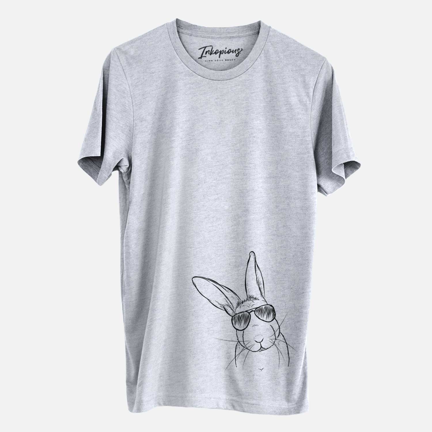 Hand-drawn sketch of Penny the Belgian Hare wearing aviator sunglasses on a Grey Unisex crewneck