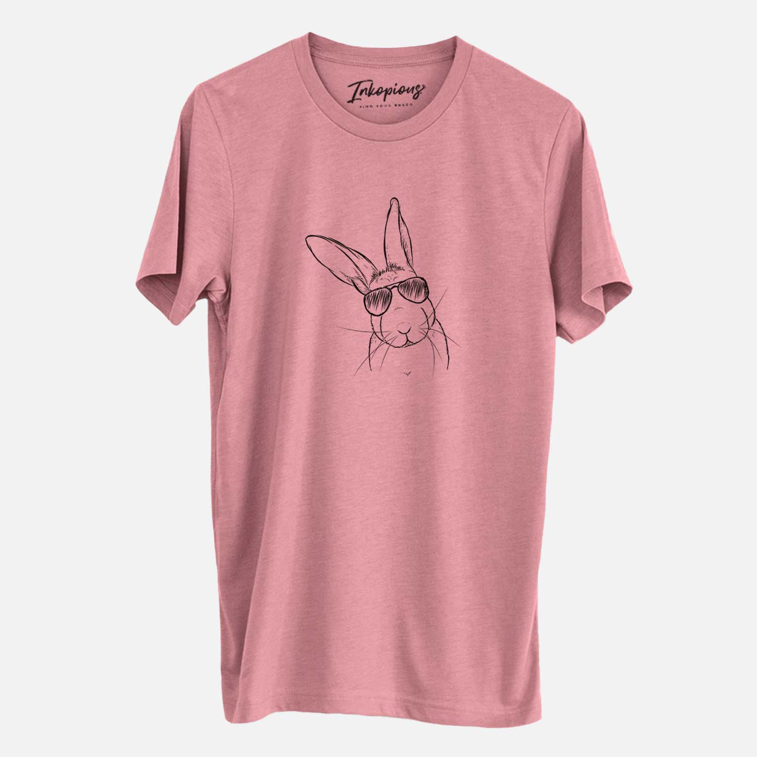 Hand-drawn sketch of Penny the Belgian Hare wearing aviator sunglasses on a Mauve Unisex crewneck