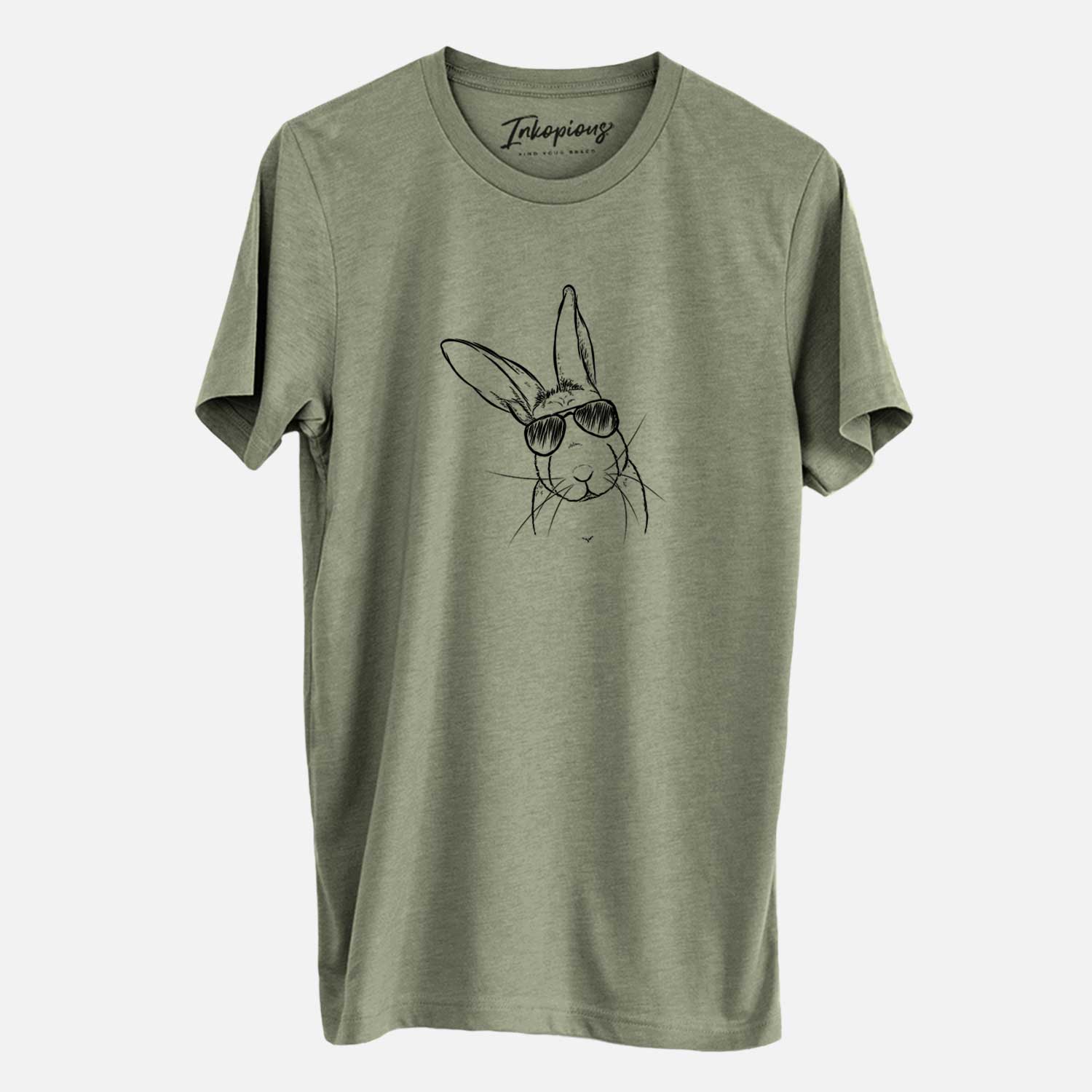 Hand-drawn sketch of Penny the Belgian Hare wearing aviator sunglasses on an Olive Unisex crewneck