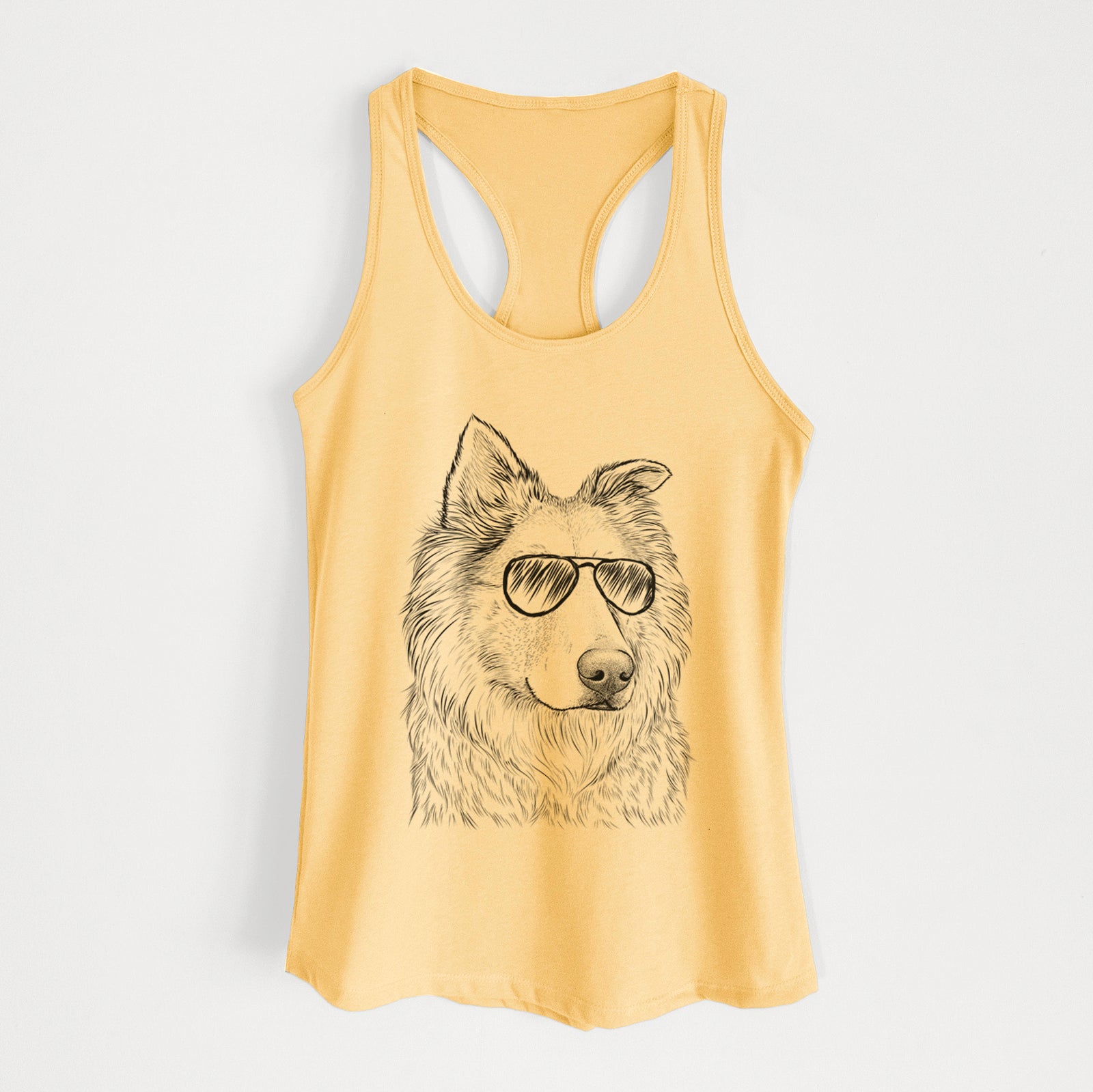 Hand-drawn sketch of Penny the Chow Mix wearing aviator sunglasses on a Banana Cream Women's racerback tanktop