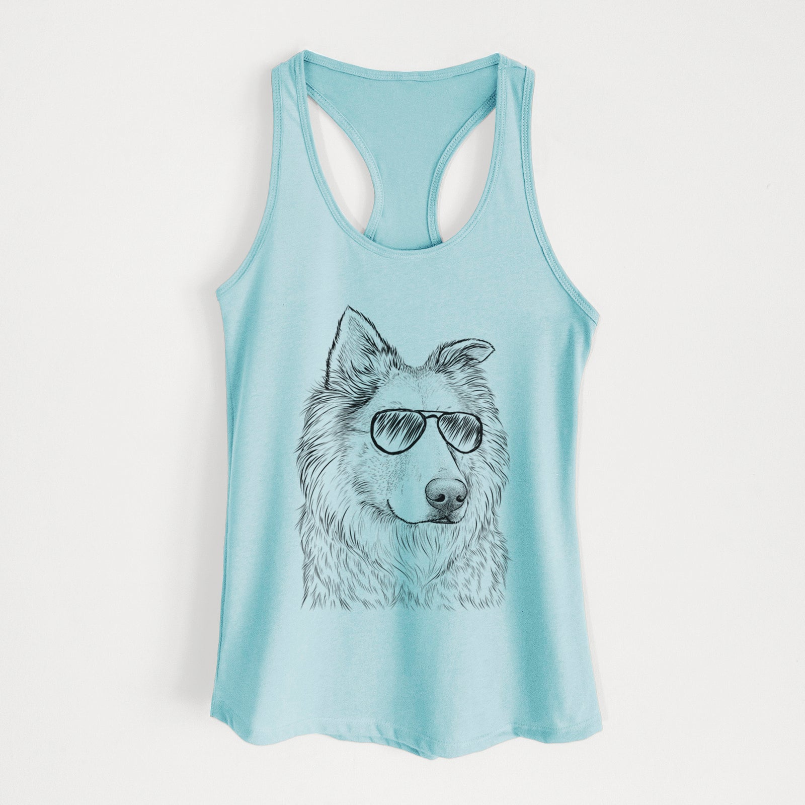 Hand-drawn sketch of Penny the Chow Mix wearing aviator sunglasses on a Cancun Blue Women's racerback tanktop