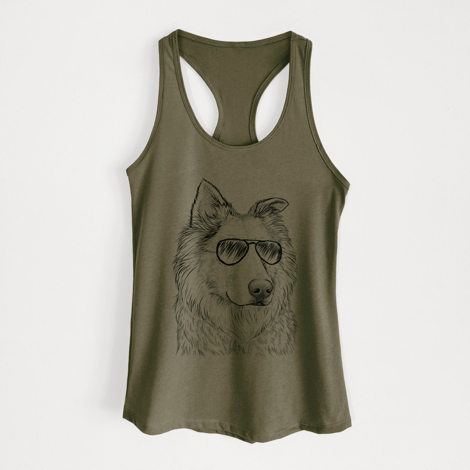 Hand-drawn sketch of Penny the Chow Mix wearing aviator sunglasses on a Military Green Women's racerback tanktop