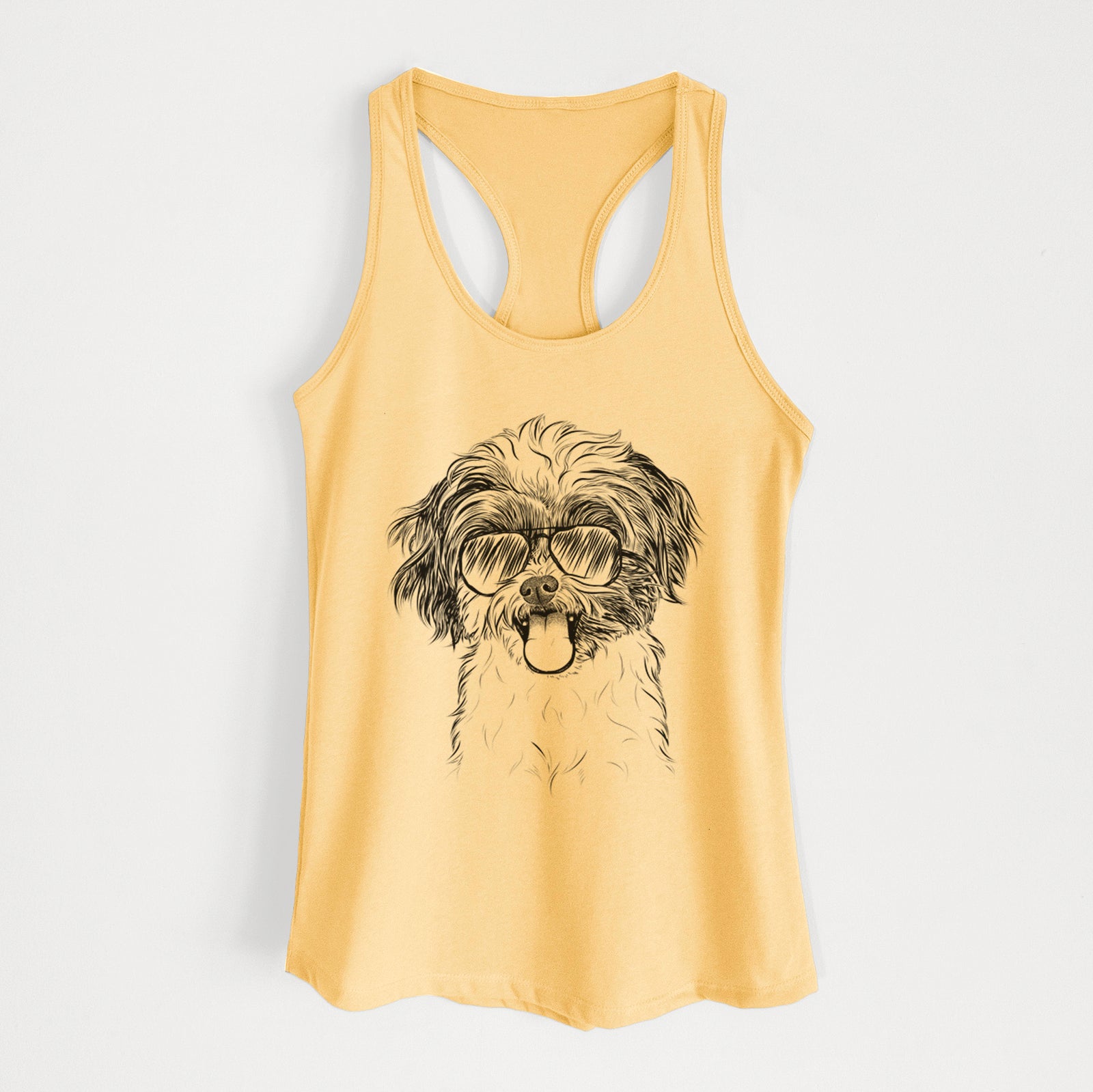 Hand-drawn sketch of Pepper the Shihpoo wearing aviator sunglasses on a Banana Cream Women's racerback tanktop