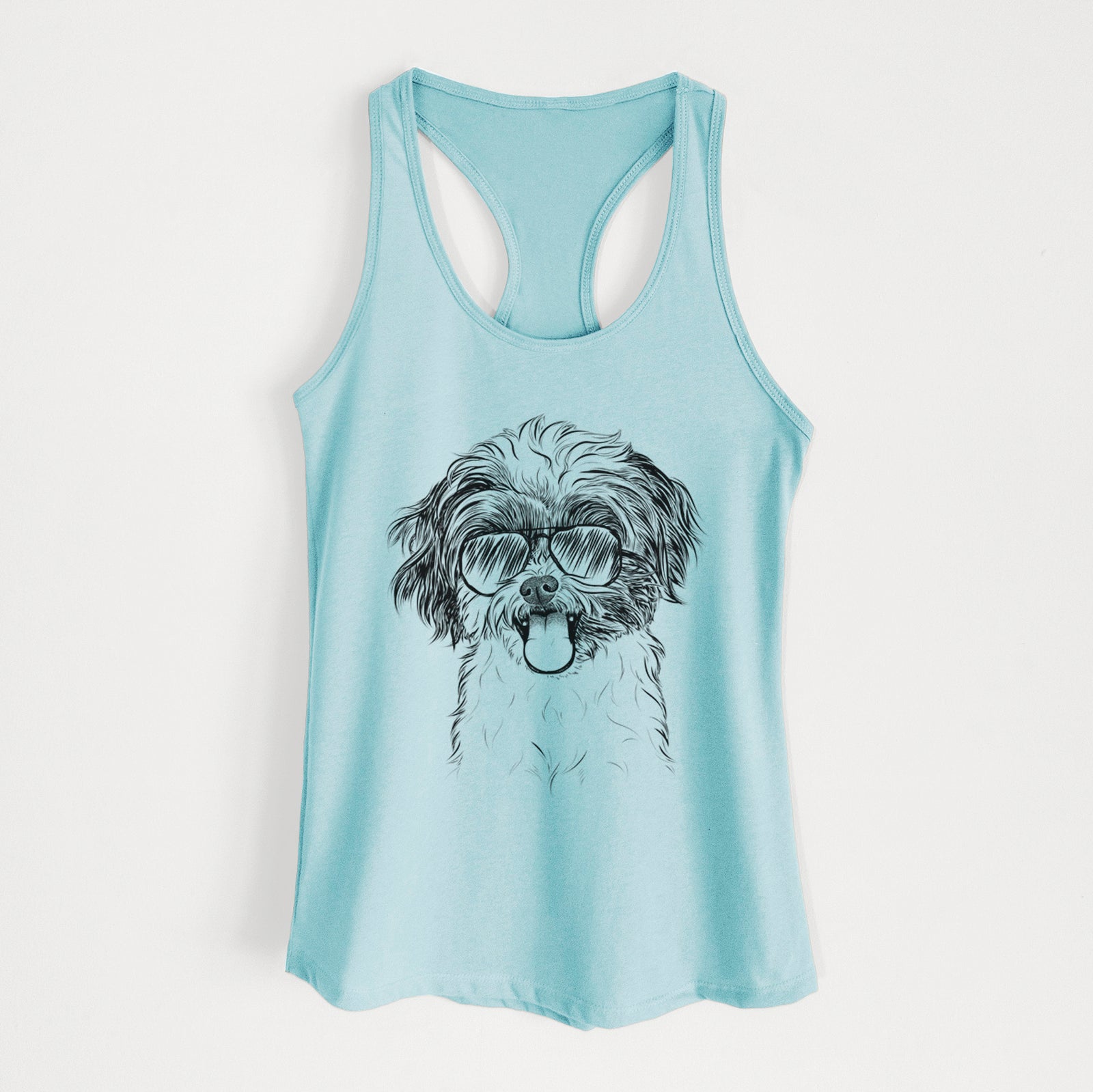 Hand-drawn sketch of Pepper the Shihpoo wearing aviator sunglasses on a Cancun Blue Women's racerback tanktop