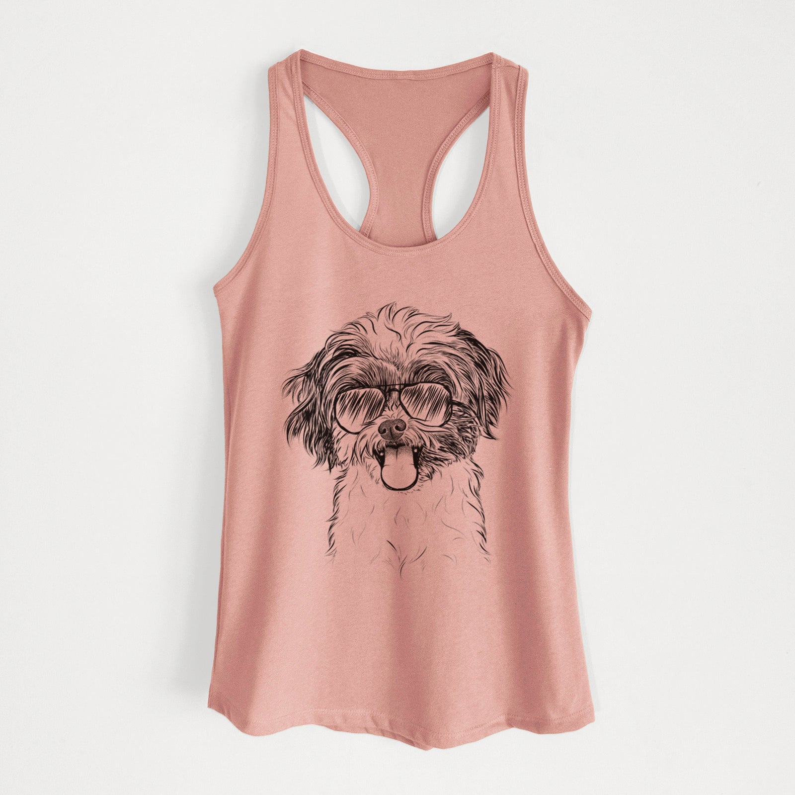 Hand-drawn sketch of Pepper the Shihpoo wearing aviator sunglasses on a Desert Pink Women's racerback tanktop
