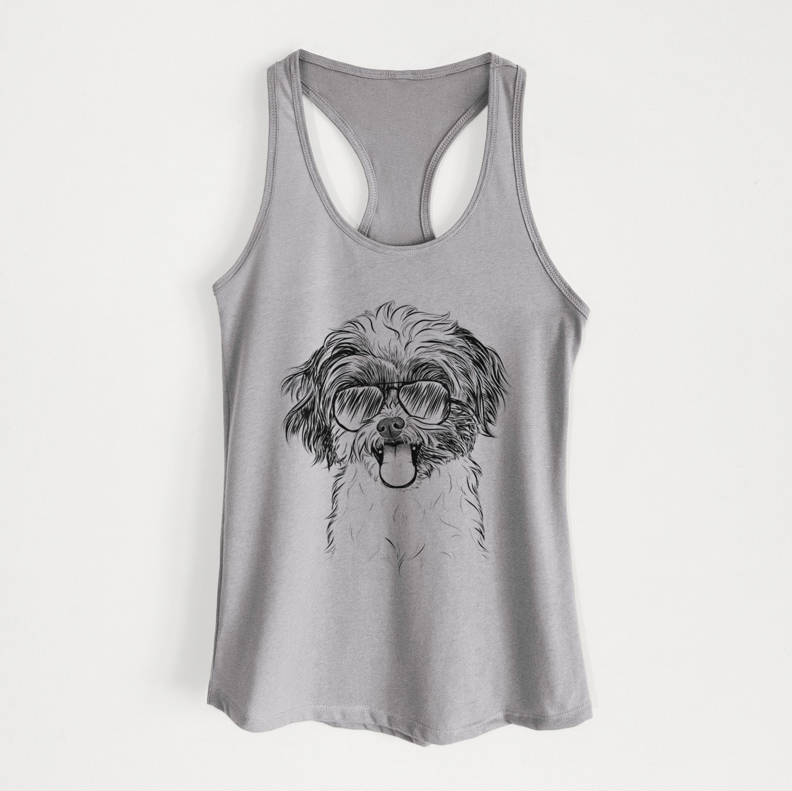 Hand-drawn sketch of Pepper the Shihpoo wearing aviator sunglasses on a Heather Grey Women's racerback tanktop