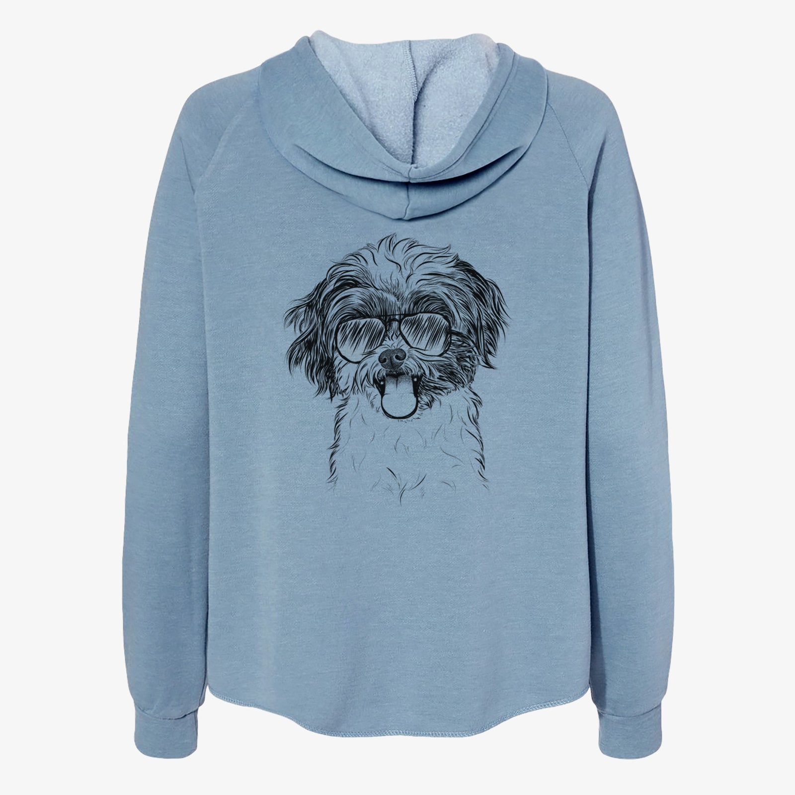 Hand-drawn sketch of Pepper the Shihpoo wearing aviator sunglasses on a Misty Blue Women's cali wave zip-up sweatshirt