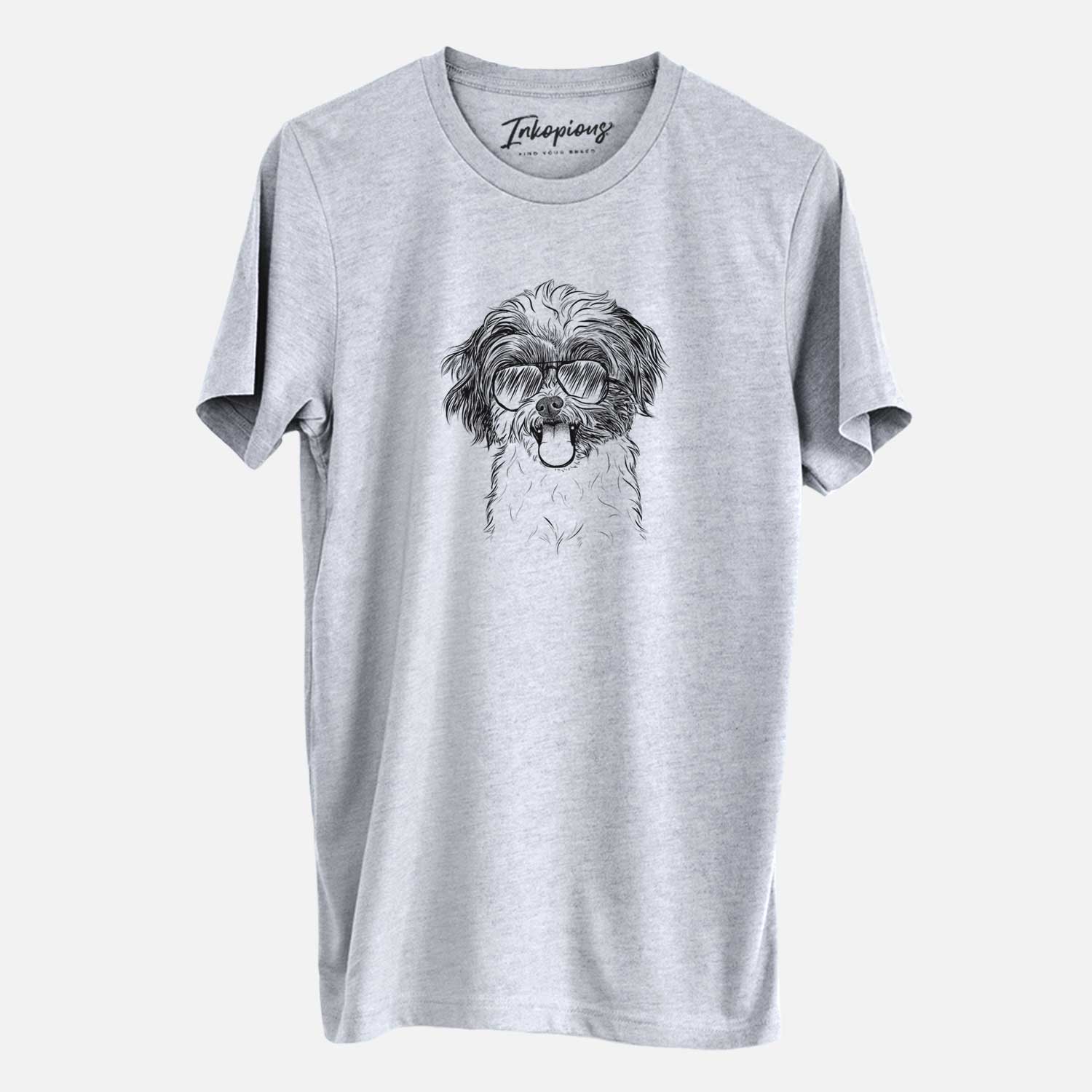 Hand-drawn sketch of Pepper the Shihpoo wearing aviator sunglasses on a Grey Unisex crewneck
