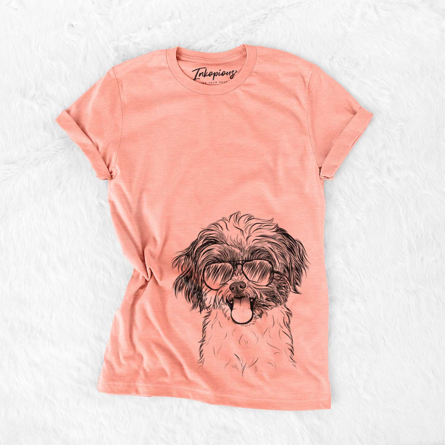 Hand-drawn sketch of Pepper the Shihpoo wearing aviator sunglasses on a Sunset Bella Canvas Unisex Crewneck