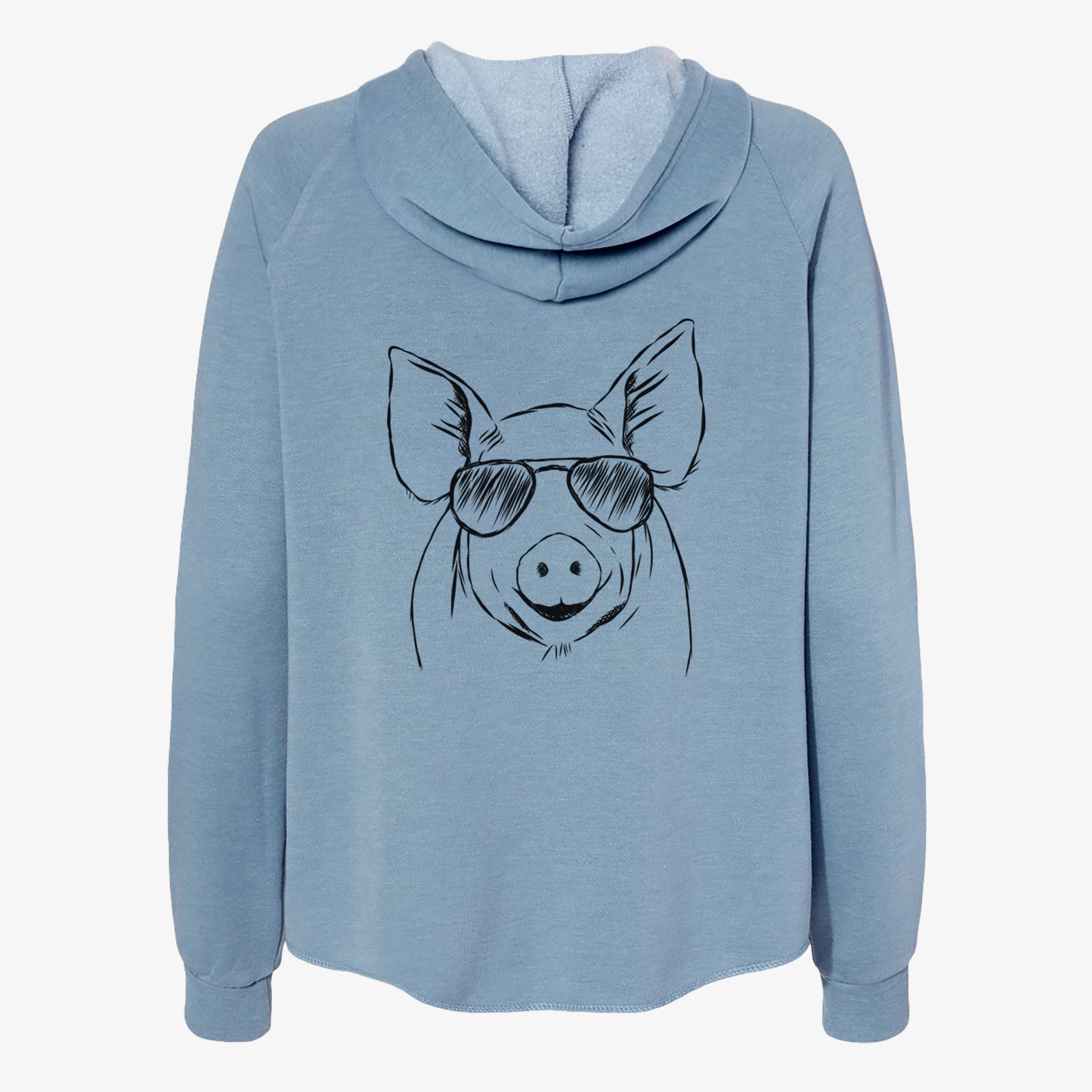 Hand-drawn sketch of Perry the Pig wearing aviator sunglasses on a Misty Blue Women's cali wave zip-up sweatshirt