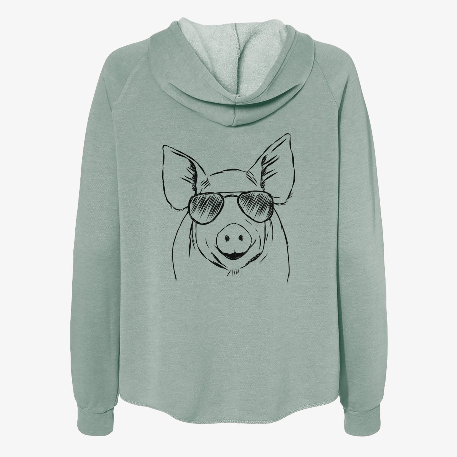 Hand-drawn sketch of Perry the Pig wearing aviator sunglasses on a Sage Women's cali wave zip-up sweatshirt