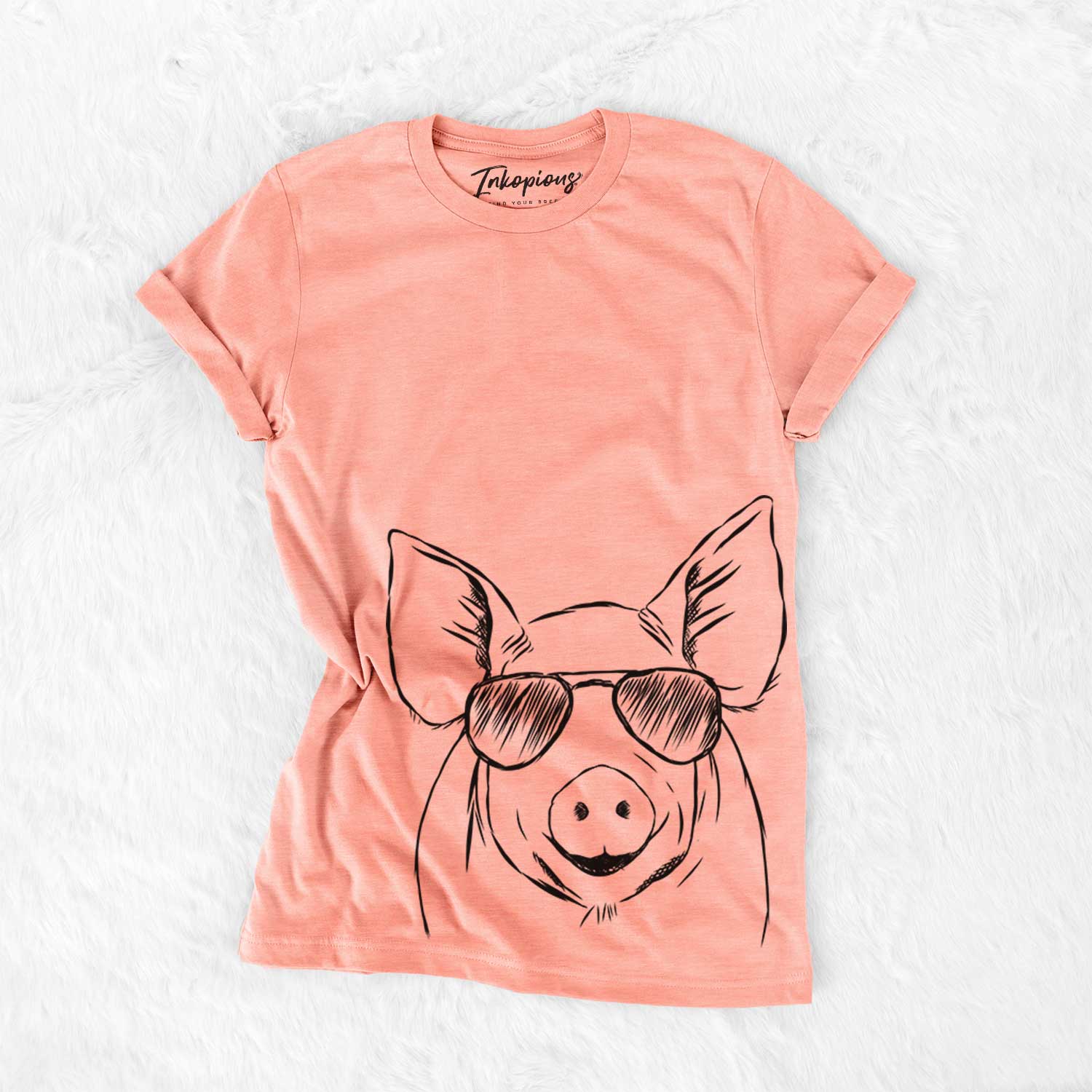 Hand-drawn sketch of Perry the Pig wearing aviator sunglasses on a Sunset Bella Canvas Unisex Crewneck