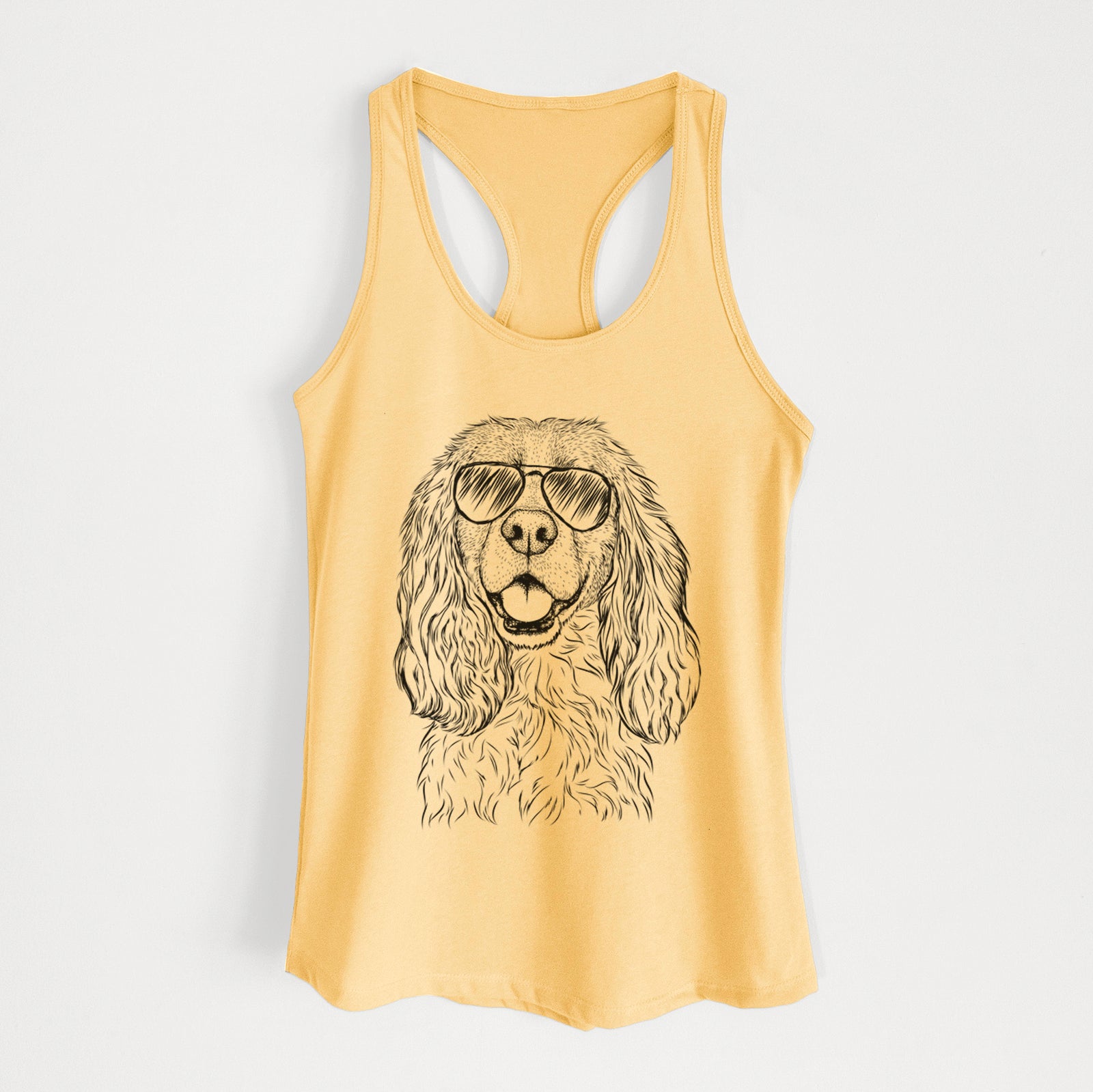 Hand-drawn sketch of Perry the Cockalier wearing aviator sunglasses on a Banana Cream Women's racerback tanktop