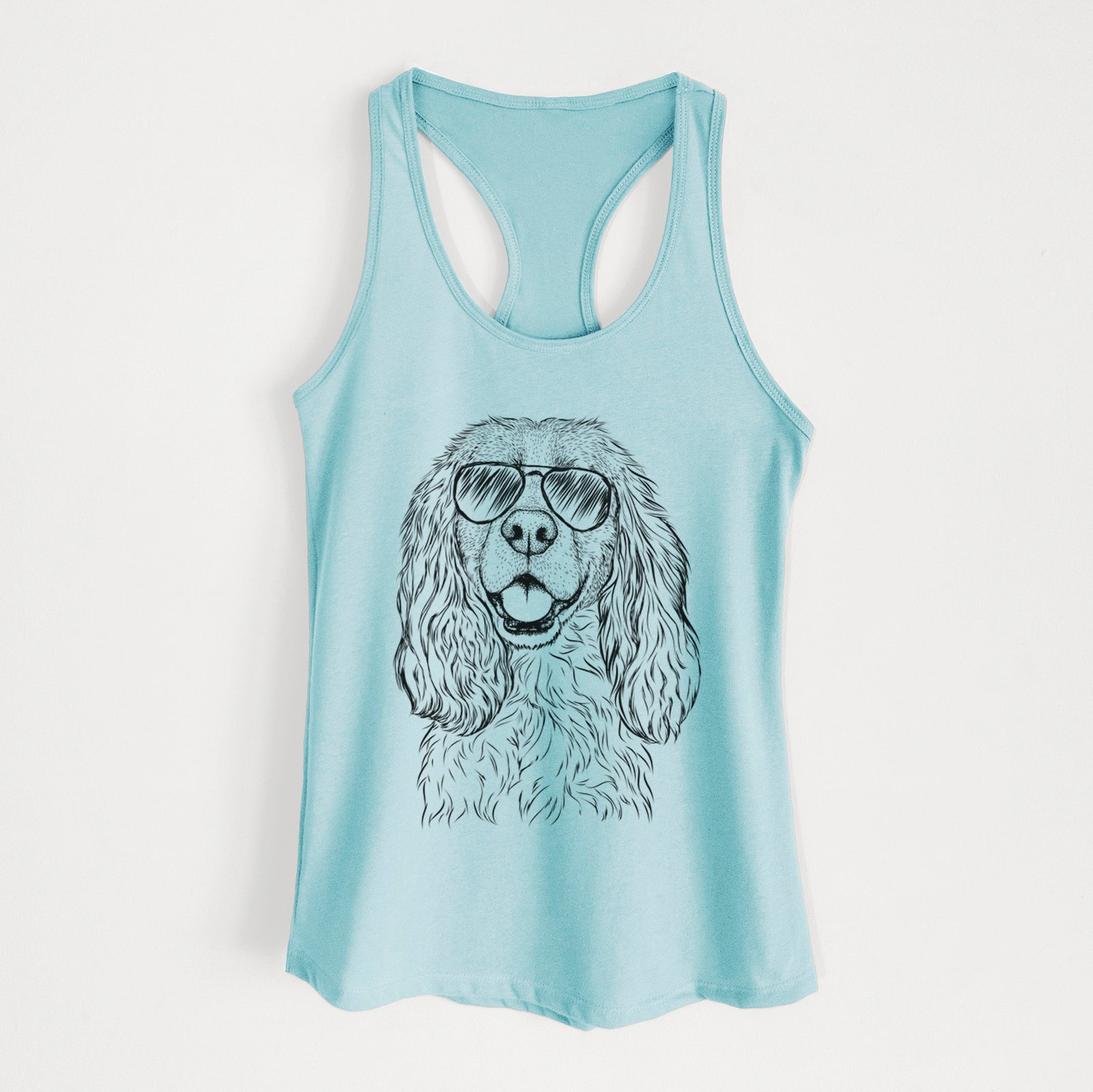 Hand-drawn sketch of Perry the Cockalier wearing aviator sunglasses on a Cancun Blue Women's racerback tanktop