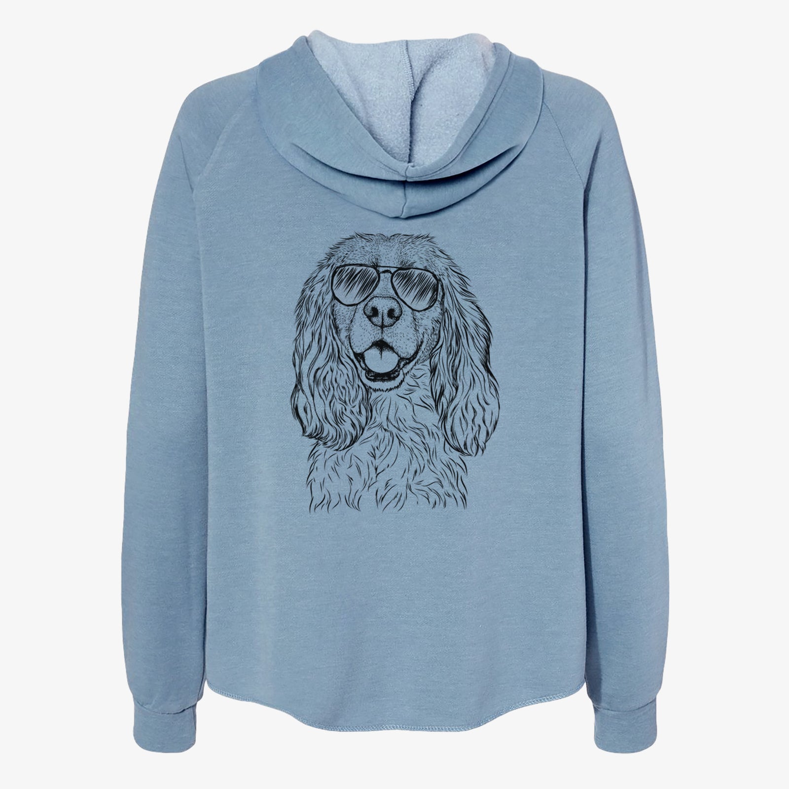 Hand-drawn sketch of Perry the Cockalier wearing aviator sunglasses on a Misty Blue Women's cali wave zip-up sweatshirt