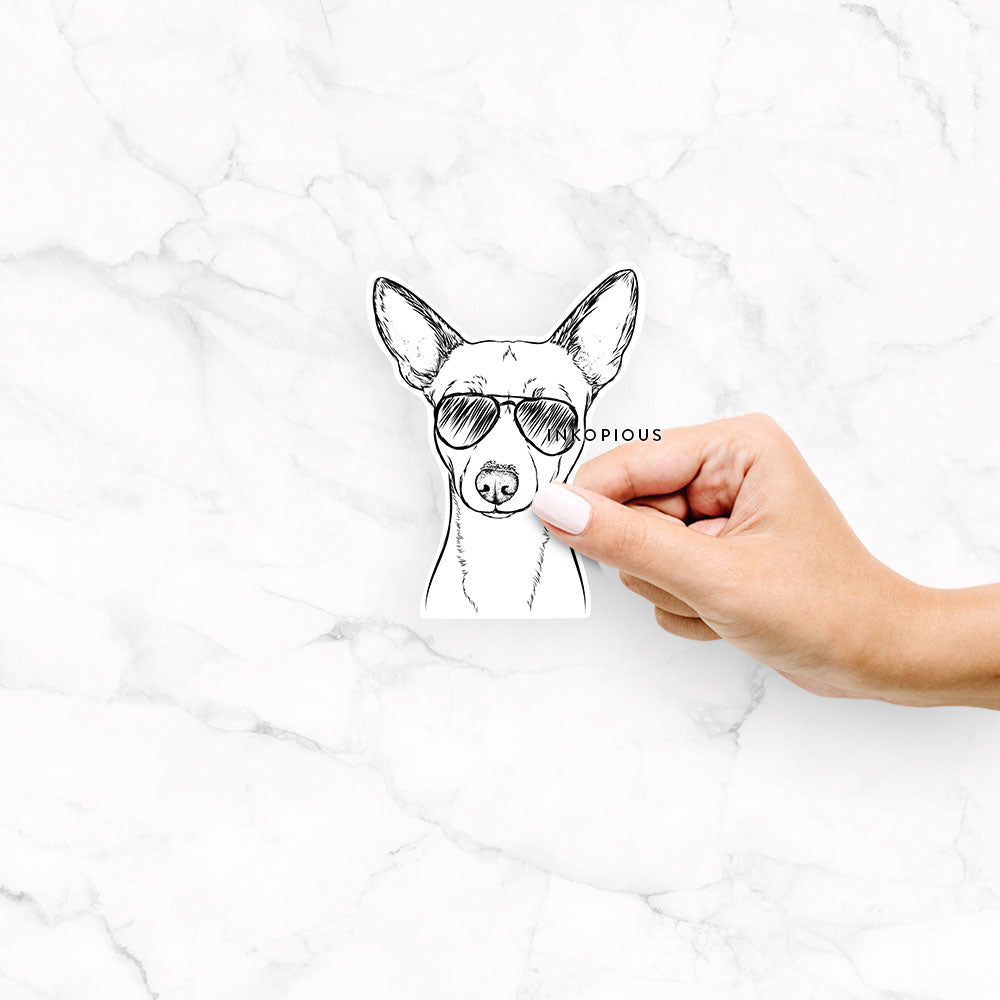Hand-drawn sketch of Perry the Portuguese Podengo wearing aviator sunglasses on a decal sticker